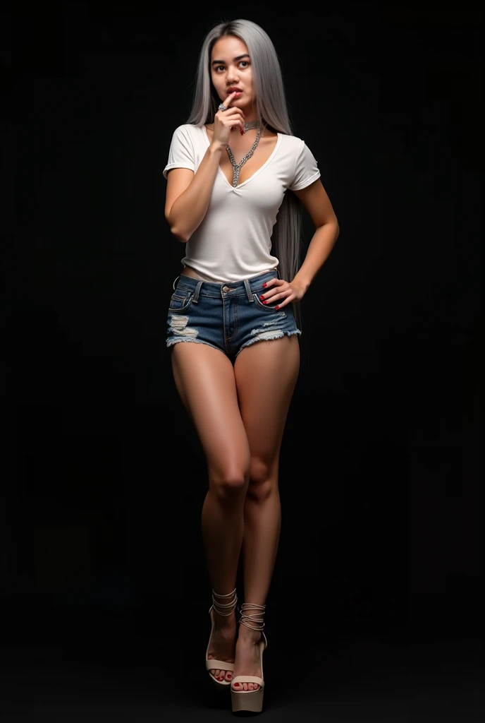 Epic Poses (Full Body Photo: 1.5), (Front View: 1.2), (Masterpiece: 1.1), Standing, High Heels, Outside, 1 Woman, 27 Year Old Sexy Sensual Body, Blonde, Long Wavy Hair and messy, Ultra-realistic super defined, hyper-realistic and hyper-detailed face, ((detailed skin texture, 1.2 pores)), (looking flirtatiously at viewers), detailed and noise-free focused face, detailed eyes, detailed lips, ((taken with a 70 x 200 2.5 lens)) beautiful face, 16k, FHD, 8K, masterpiece, raw photo, best quality, photorealistic, highly detailed CG Unity 8k wallpaper, depth of field, cinematic light, realism, extremely realistic (full long photo: 1.3), (walking and posing outside), in a warm semi-rainy and humid environment, areas semi-lit by afternoon light, intricate (dense fog, fog, mist: 1.3), dressed with shorts that are too short showing mid-thigh, low-cut blouse with open buttons tied above the navel, fitted that highlights the figure of her body, beautiful and detailed legs, showing her beauty, outdoors, works of art, smoking a cigarette, looking flirtatiously at the viewer, rule of thirds, high resolution, 4k, 8k, highly detailed fingers and nails, woman standing in high heels super detailed, extremely detailed, different poses, realistic, light on the face, cinematic lighting, super detailed eyes V3: 1>, perfect eyes Professional, modern, product-focused, commercial, eye-catching, highly detailed ((The angle of view from below、))