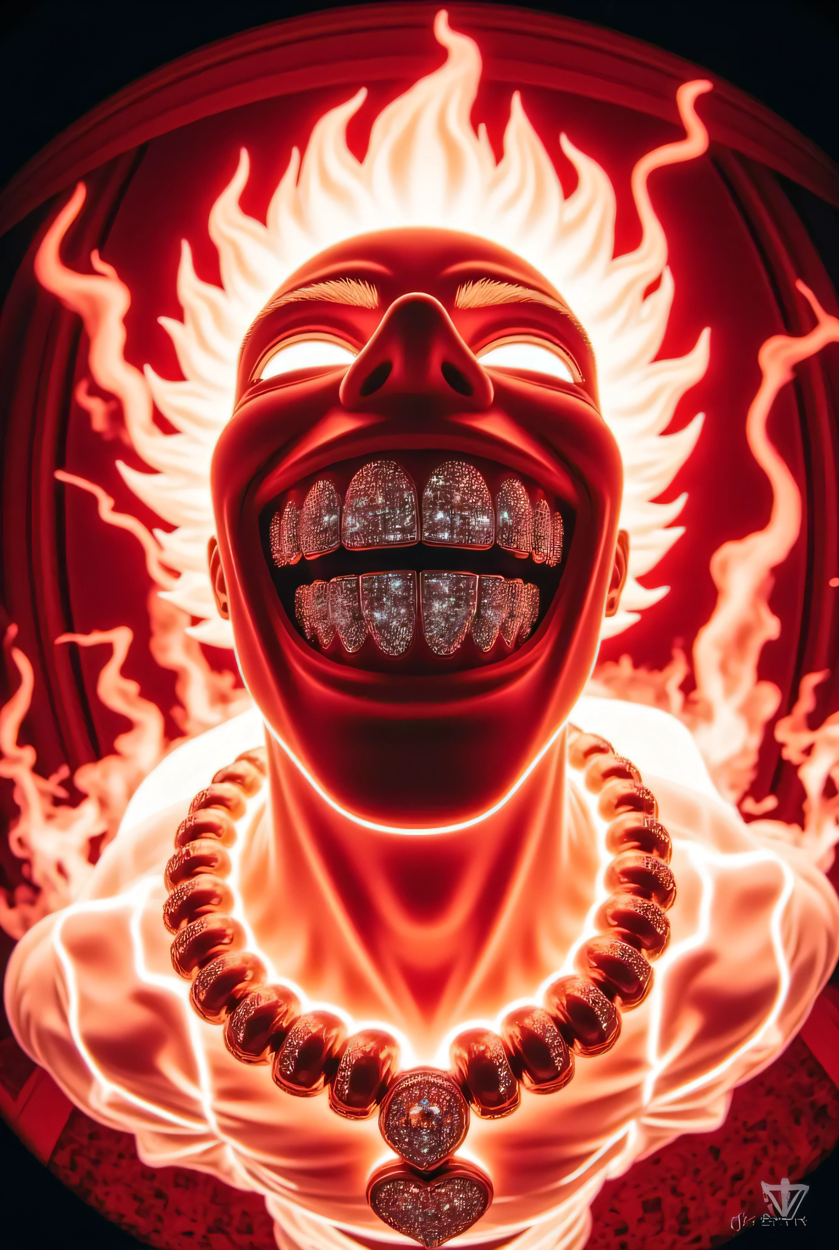 gr!llz, ,The character enveloped in intense thick colored energy. Their face is obscured by the overwhelming thick glow::7.2 , large anime energy aura size 6 inches from body emphasizing the sheer power they are unleashing::6.4 .smiling into the camera, fish eye lens realistic photograph with a wide smile, its teeth are encrusted with shiny platinum diamonds.