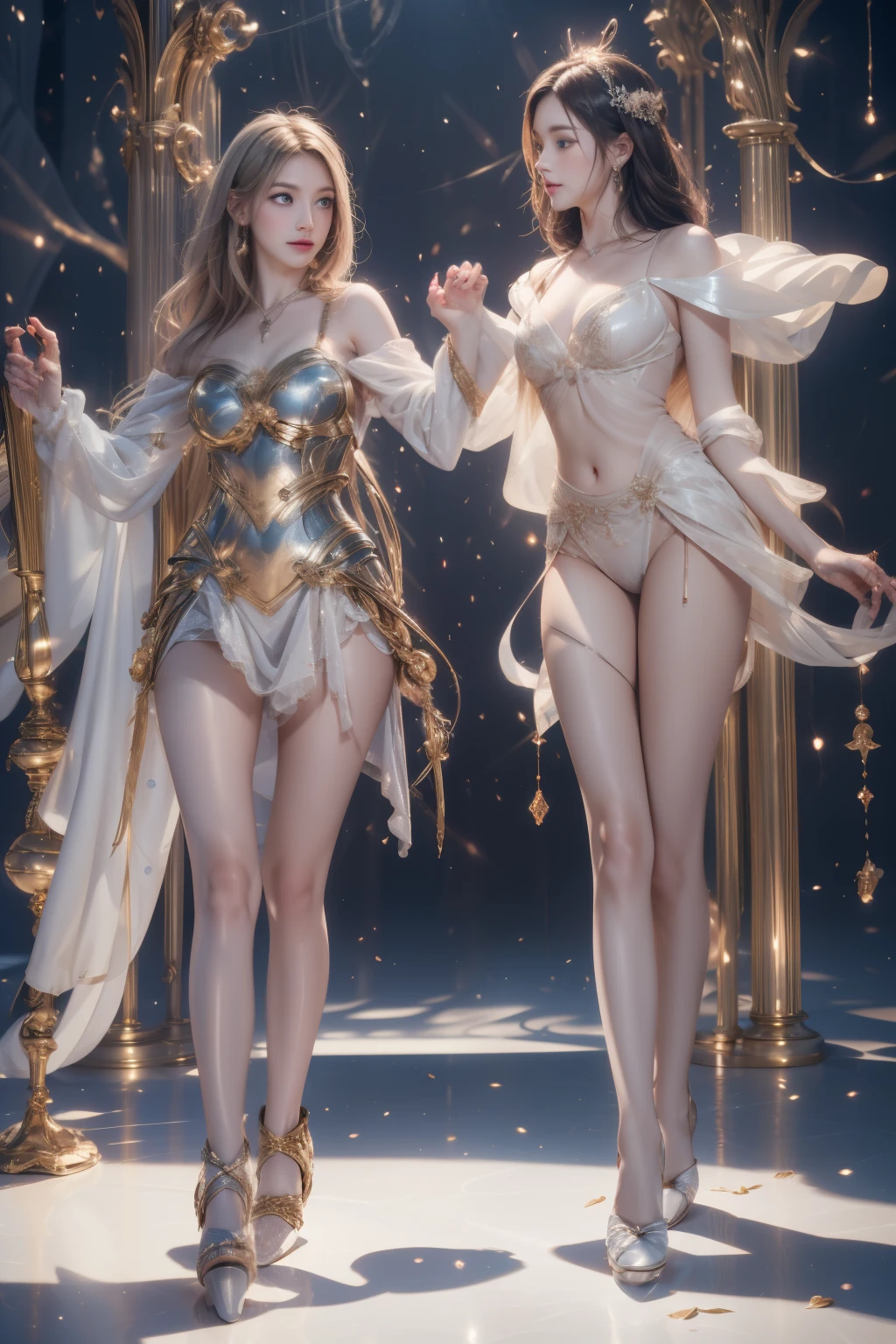 (couple cuddling) rough man Zeus muscles naked, beautiful, sexy, bare breast, cleavage, bare legs, see-through, standing, hanfu, wet, clear, realistic, supreme detail, Chinese mythology, dragon pattern, phoenix, sacred, holy, golden mountains, heavenly palace, countless palaces, clouds, golden light