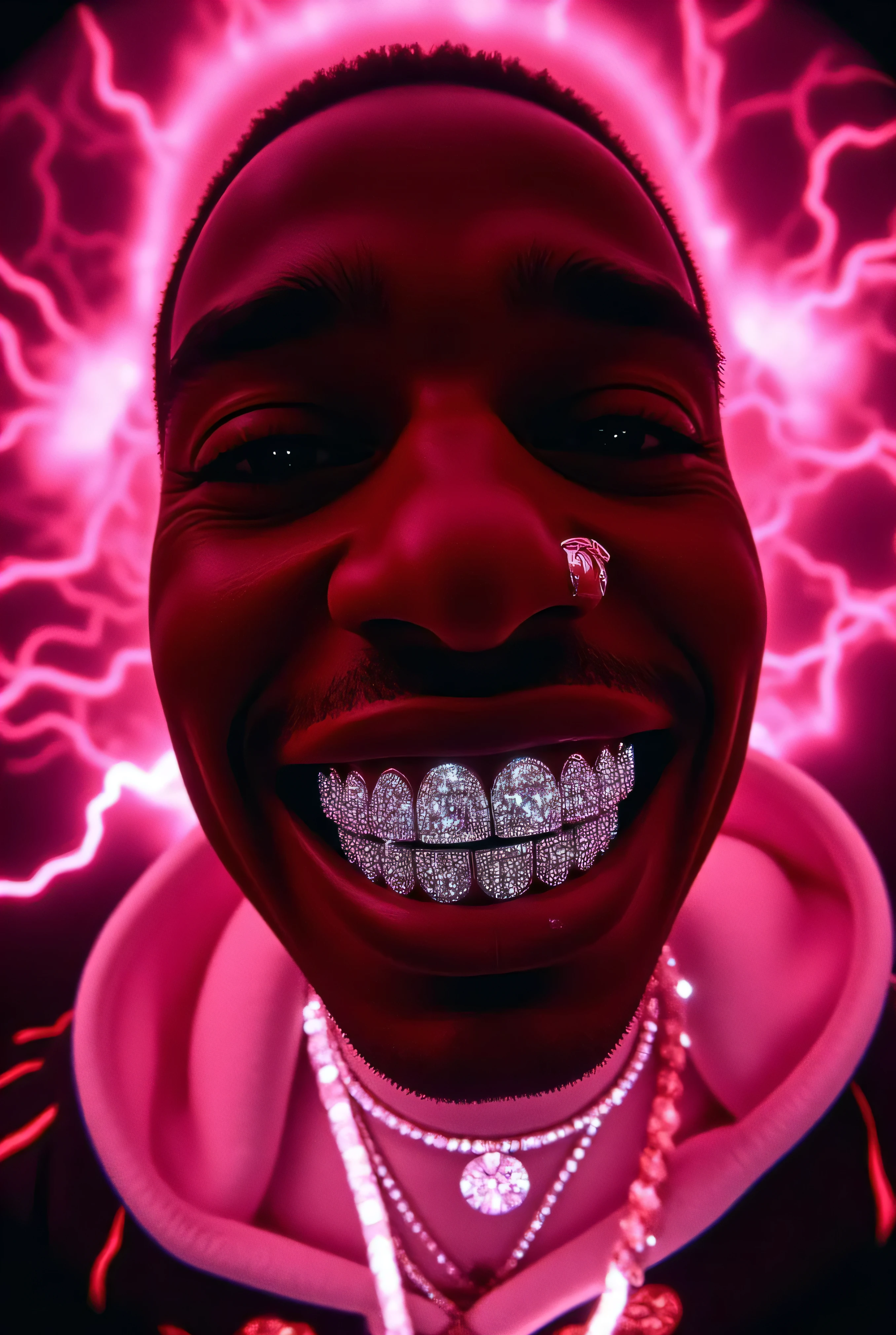 gr!llz, ,A ebony character enveloped in intense thick colored energy. Their face is obscured by the overwhelming thick glow::7.2 , large aura size 6 inches from body emphasizing the sheer power they are unleashing::6.4 .smiling into the camera, fish eye lens realistic photograph with a wide smile, its teeth are encrusted with shiny platinum diamonds.