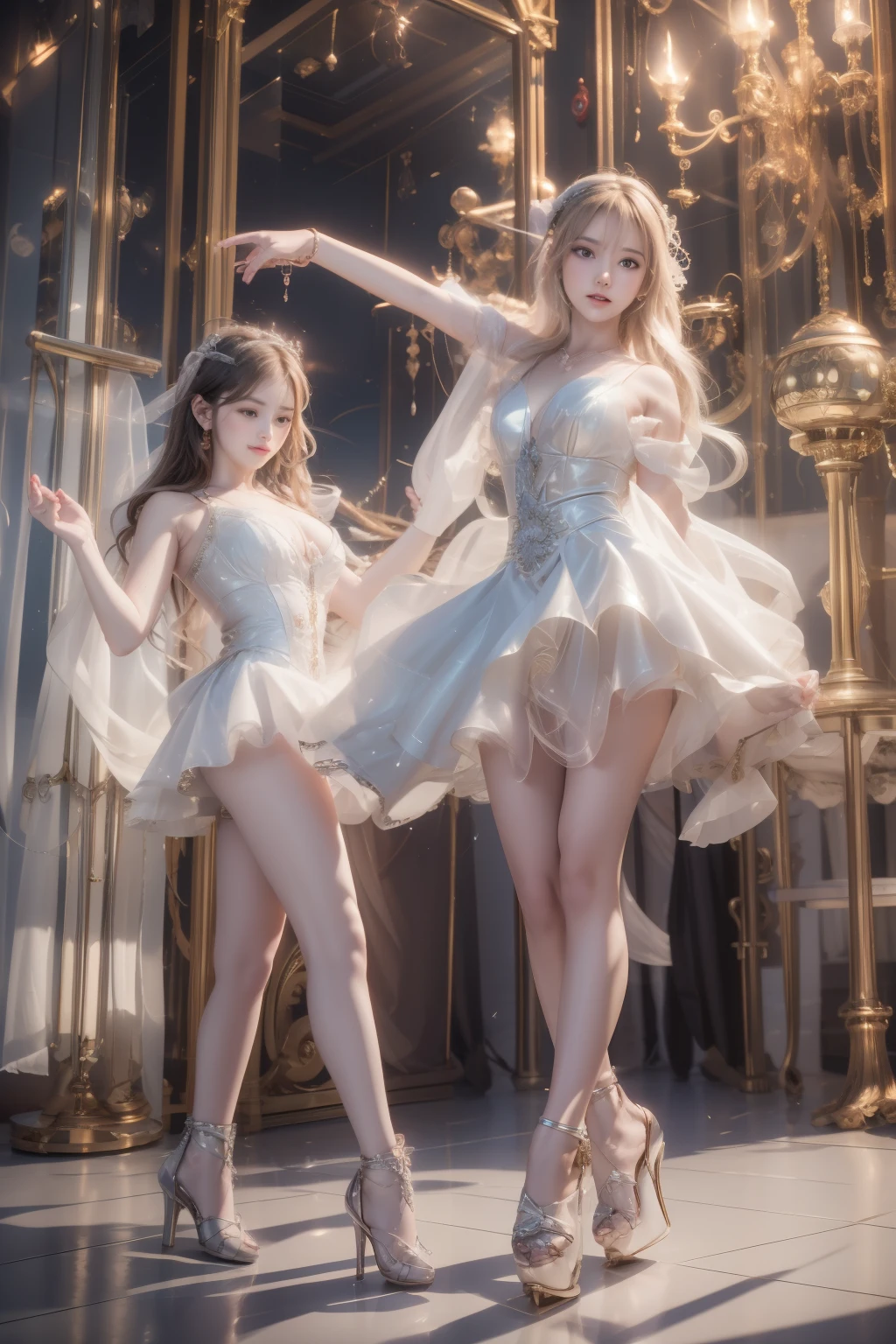 A beautiful dance on ice featuring two girls, dressed in glossy dresses, realistic and fantastical atmosphere, ethereal lighting, intricate details, whimsical background, soft glows, elegant poses, magical winter scenery