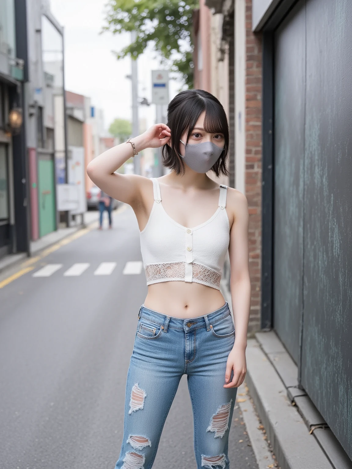 ( beautiful girl.he is short.black hair.long hair.The skin is lustrous).-through white tank top.No bra.micro skirt.black mask.With piercings).(A back alley with no people.prostitute.looperfect face.High resolution.There is a sense of dynamism.The whole body is reflected