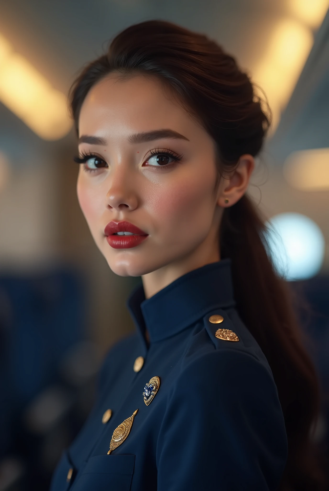  beautiful female hostess in a flight, wearing  dark blue flight attendant uniform detailed realistic portrait, high quality, photorealistic, extremely detailed eyes and face, long eyelashes, mature elegant expression, red lips, flight attendant uniform, standing in an airplane interior, warm lighting, intricate details,, 8k