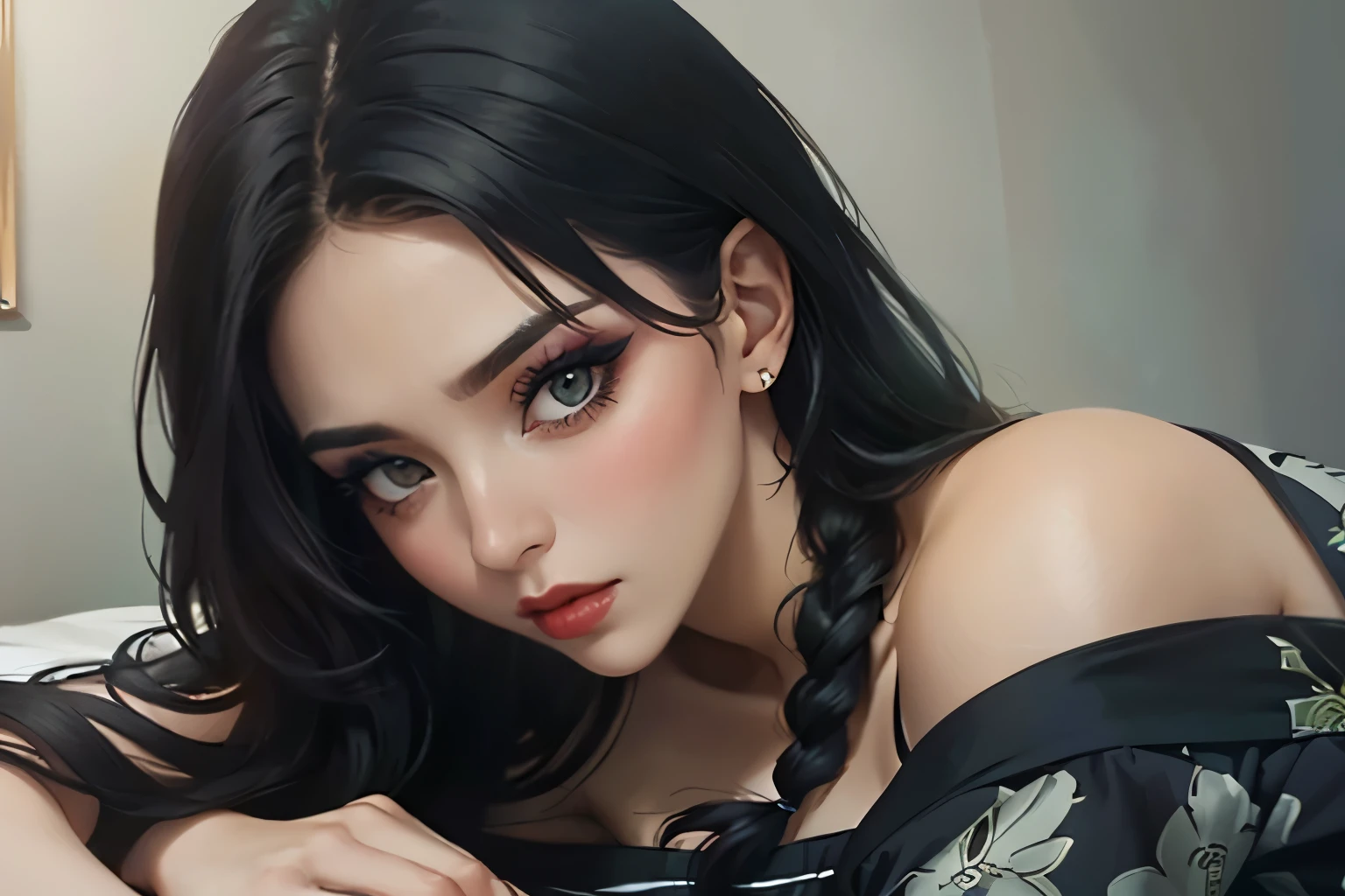 Amazing portrait of a sexy woman with s beautiful face and black braided hair wearing a  black t-shirt with her eyes closed and her glossy pink lips parted in a kiss having flawless glowing skin and a long beautiful neck