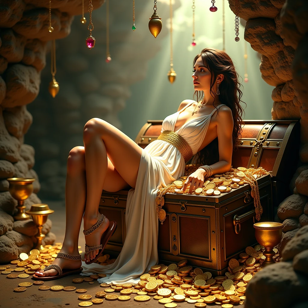 beautiful woman , short robe, greek sandals, disheveled, brunette, lying on an old treasure chest, gold coins and precious jewels on the floor, ruby ​​diamonds, amethysts, emeralds, cave, golden light falls on her, place wet, large breast, hottie, gold cups, crowns, rings. necklaces, body and hair wet, drops of water falling from the ceiling, roberta sligen