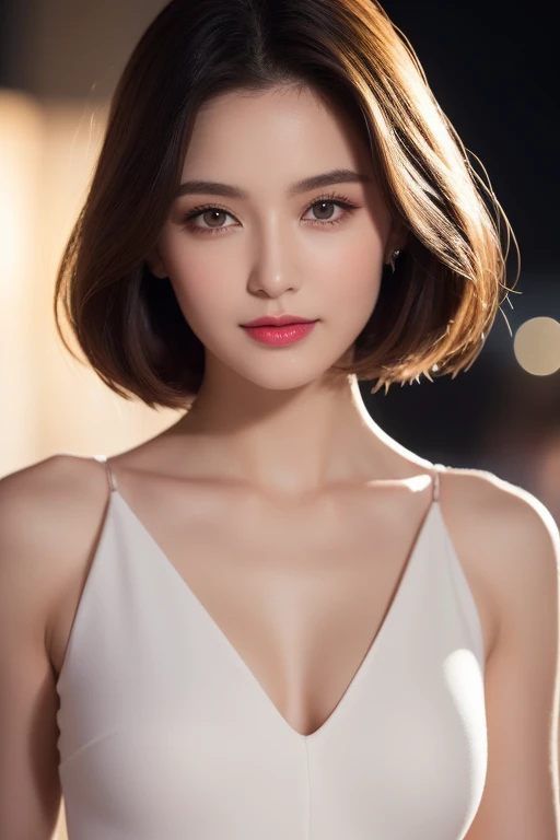 NSFW, 8k RAW photo, Best Quality, ((masutepiece)), 超A high resolution, Film grain, filmg,( 20yr old, Slender face, 1girl in, slanted eye, eyesight, long eyelashes, Eye Highlights), Looking at Viewer, Natural Skin Texture, A perfectly proportioned face, realistic eyes and face details, Full lips, lip stick, (makeup), Red eyeshadow, Perm Hair, Fluffy short hair, hair messy, Smile, closes mouth, Beautiful legs, Tall lady, skinny, slim_Legs, Solo, huge-breasted, cleavage, White small bikini style swimsuit, (Detailed background), huge-breasted, cleavage, lowfers, Blurry background, Blurry, Short sleeves, Brown hair, Bangs, a necklace, Parted lips, Lips, From Side, depth of fields,long legged,ample breasts,