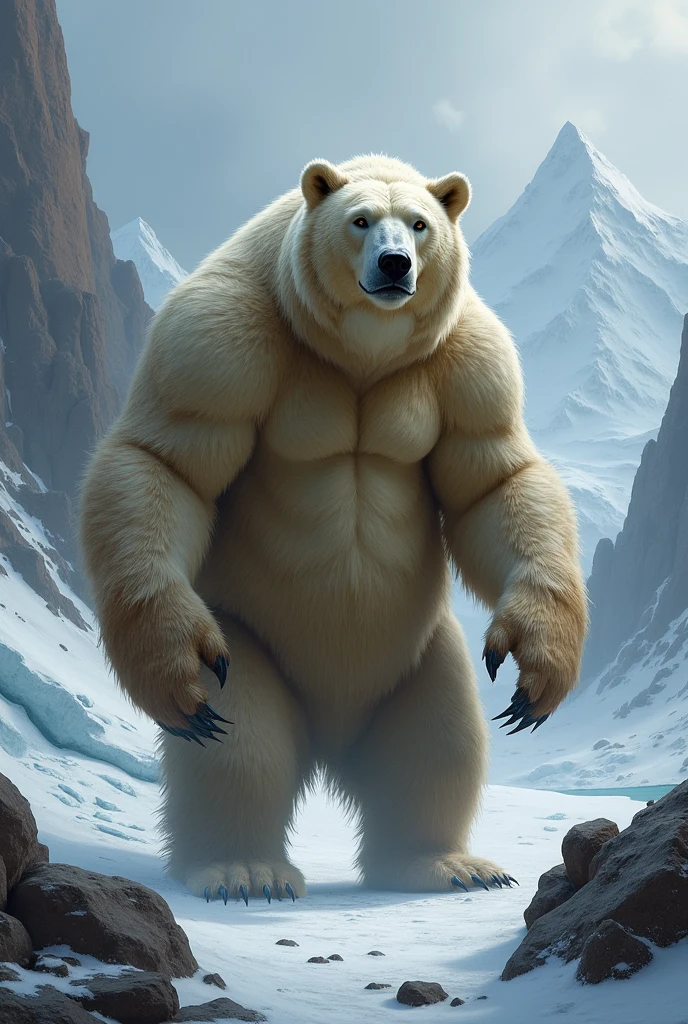 The bear is growling furiously, the bear is out of control, Polar bear stands looking at the sky Medium muscular, frozen planet setting, snowstorm , zoomed in on crotch, , chunie, darkgem, He uses an old, torn blanket made of animal hide as a garment for his body.