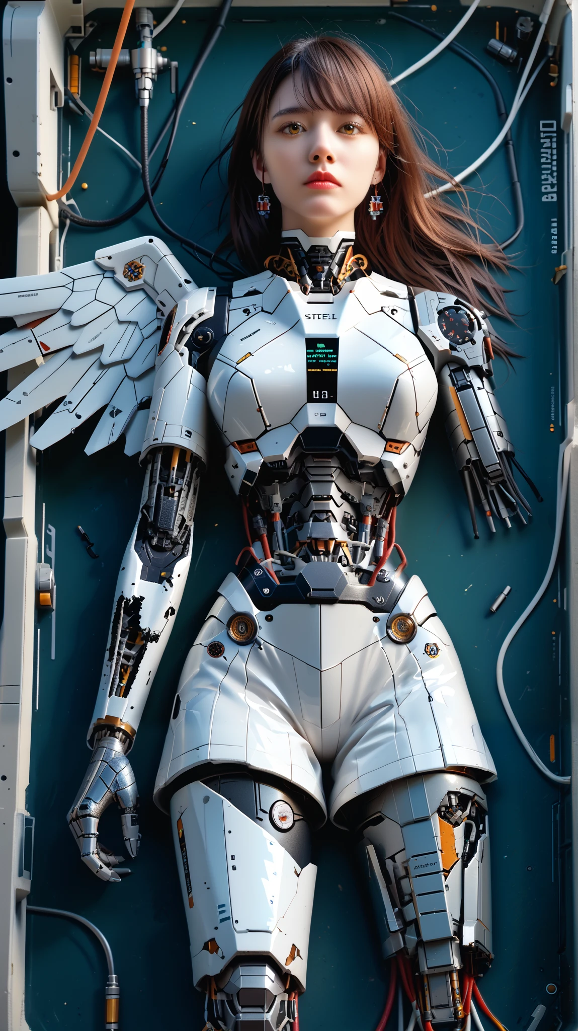 (((masterpiece))), (realism, realism texture, (science fiction, distant future), (top Quality, High Quality, top resolution, high resolution, (ultra detailed, high detailed))), (beautiful robot woman, woman is incredible machine:1.2), (beautiful face), (thin lips, wide mouth), yellow eyes, (robot white armor:1.3), machine frame, skirt, (steel knee-high greaves, (mechanical hands)), robot joint, (robot neck joint:1.2), (electronic component, machine parts, big winged jet engine  wing, robot torso, broken neck, severed leg, broken arms, broken belly:1.3), Expressionless face, (cowboy shot:1.3), laboratory, (closed mouth), (lying, from above)