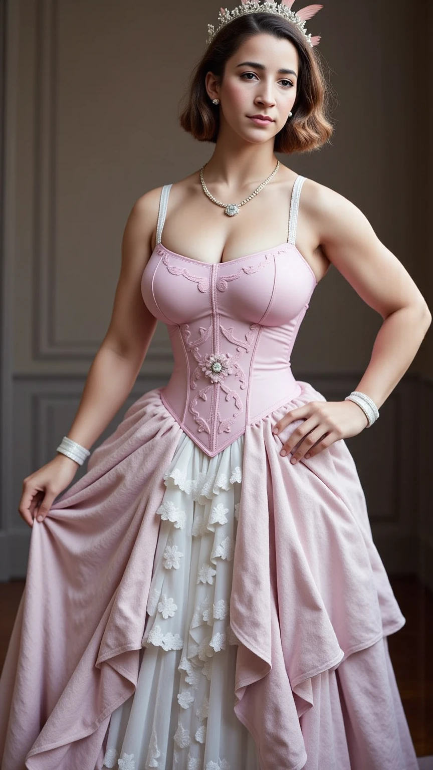araffe woman in a pink dress and hat standing next to a table, elegant corset, romantic dress, velvet with lace gown, corset, victorian inspired clothing, in victorian aristocrat, dreamy and ethereal, victorian era, retro and ethereal, romantic gown, victorian dress, retro vintage and romanticism, tulle and lace, shy and demure, victorian style costume