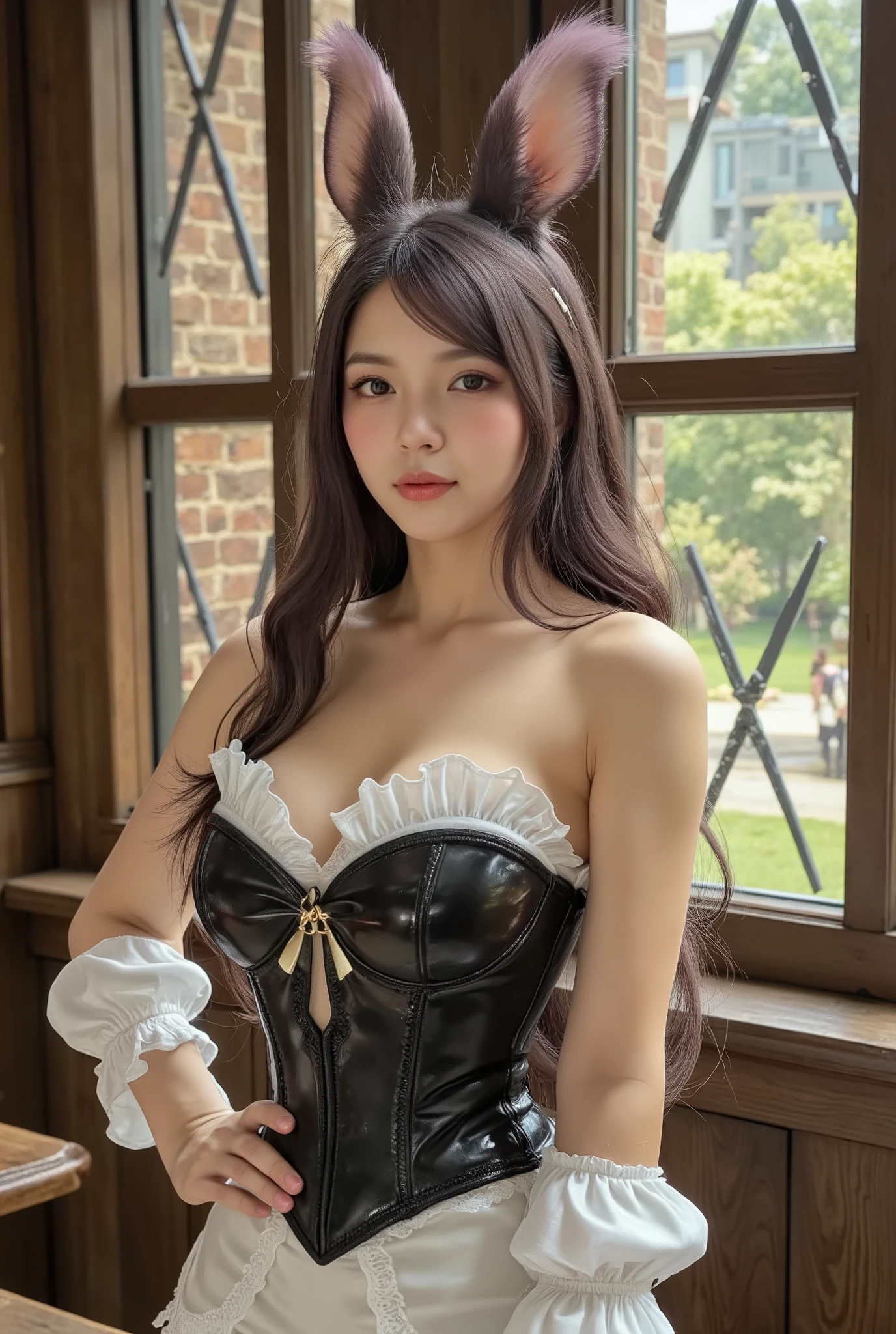 Sexy Viera Maid、 excellent style, deep cleavage , seductive smile, straight long hair , I can't see my ears because it's hidden in my hair