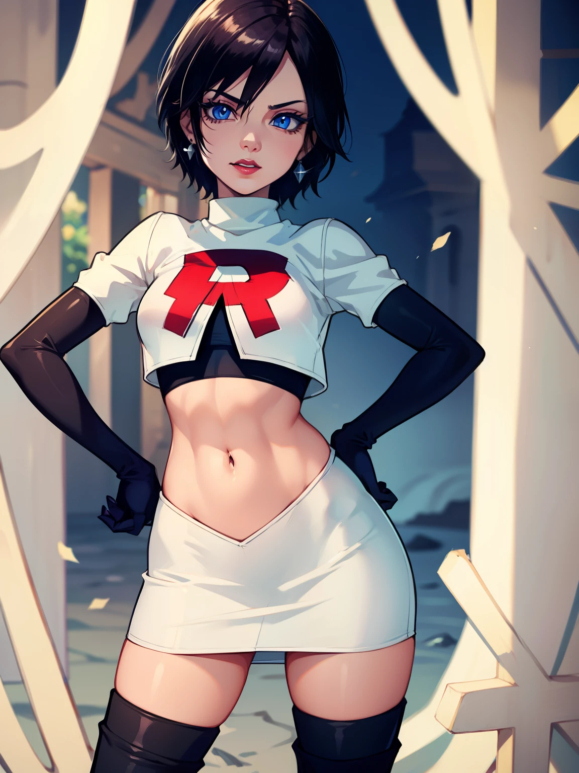 yuffie kisaragi, (black hair:1.5), (brown eyes:1.7), short hair, pixie cut, forehead protector, headband ,glossy lips, light makeup, eye shadow, earrings ,team rocket,team rocket uniform, red letter R, white skirt,white crop top,black thigh-high boots, black elbow gloves,evil smile, looking down on viewer, pantie shot, hands on hips