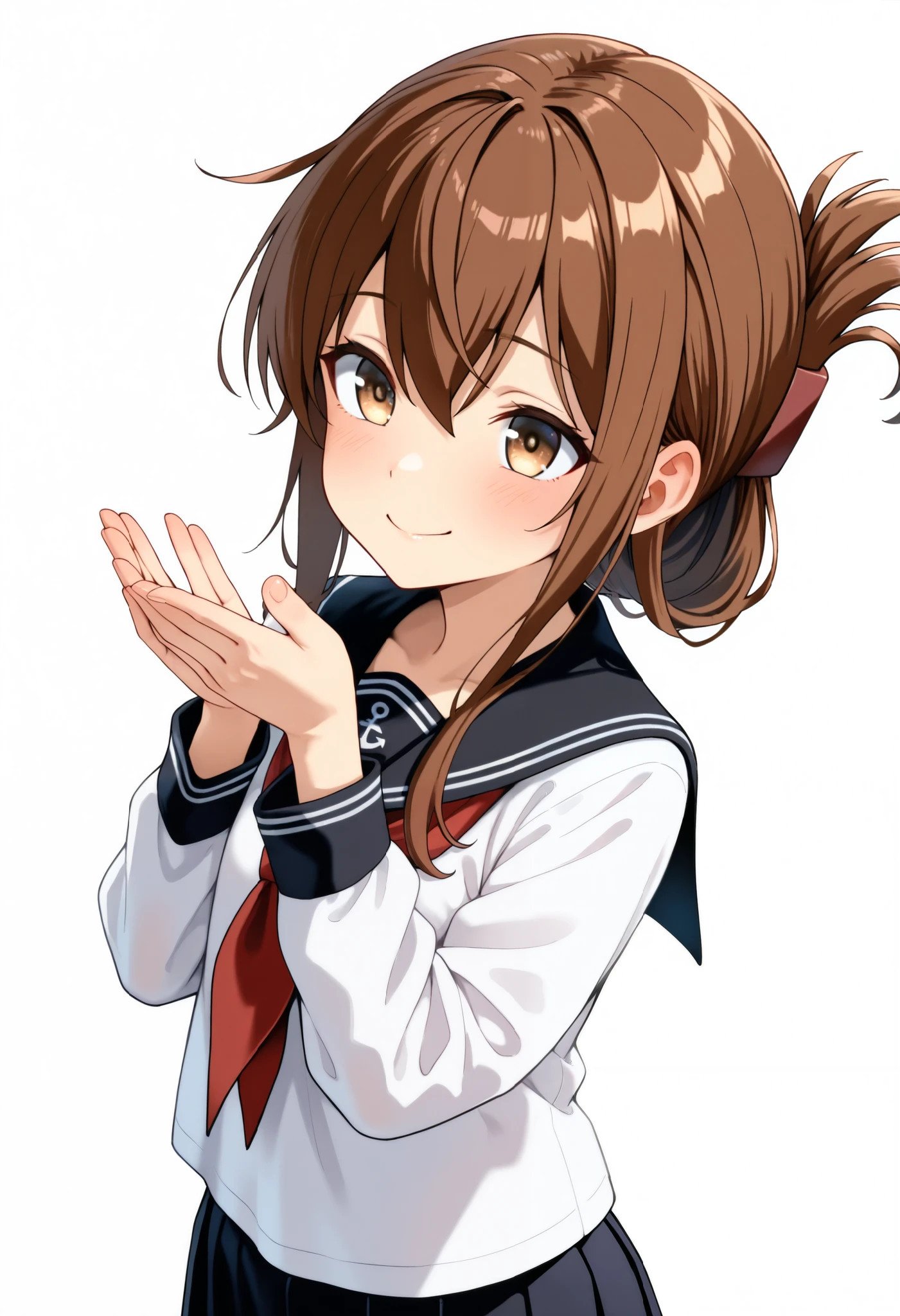 top quality, Amazing Quality , very aesthetic , is ridiculous,
1 girl, Lightning \( Kantai Collection\), Hair, summary hair , long hair, brown eyes,, long hair, Hair, brown eyes, Folded Ponytail , Lightning ( Kantai Collection), skirt, school uniform, Sera Clothing, neckerchief ,, Snow Day,
Anchor Symbol, black sailor color, Long Sleeve , neckerchief , school uniform, Sera Clothing, 黒のプリーツ skirt,
with your hands on your back, smile, upper body, viewers, Alone, ( simple background, White Background :1.3),