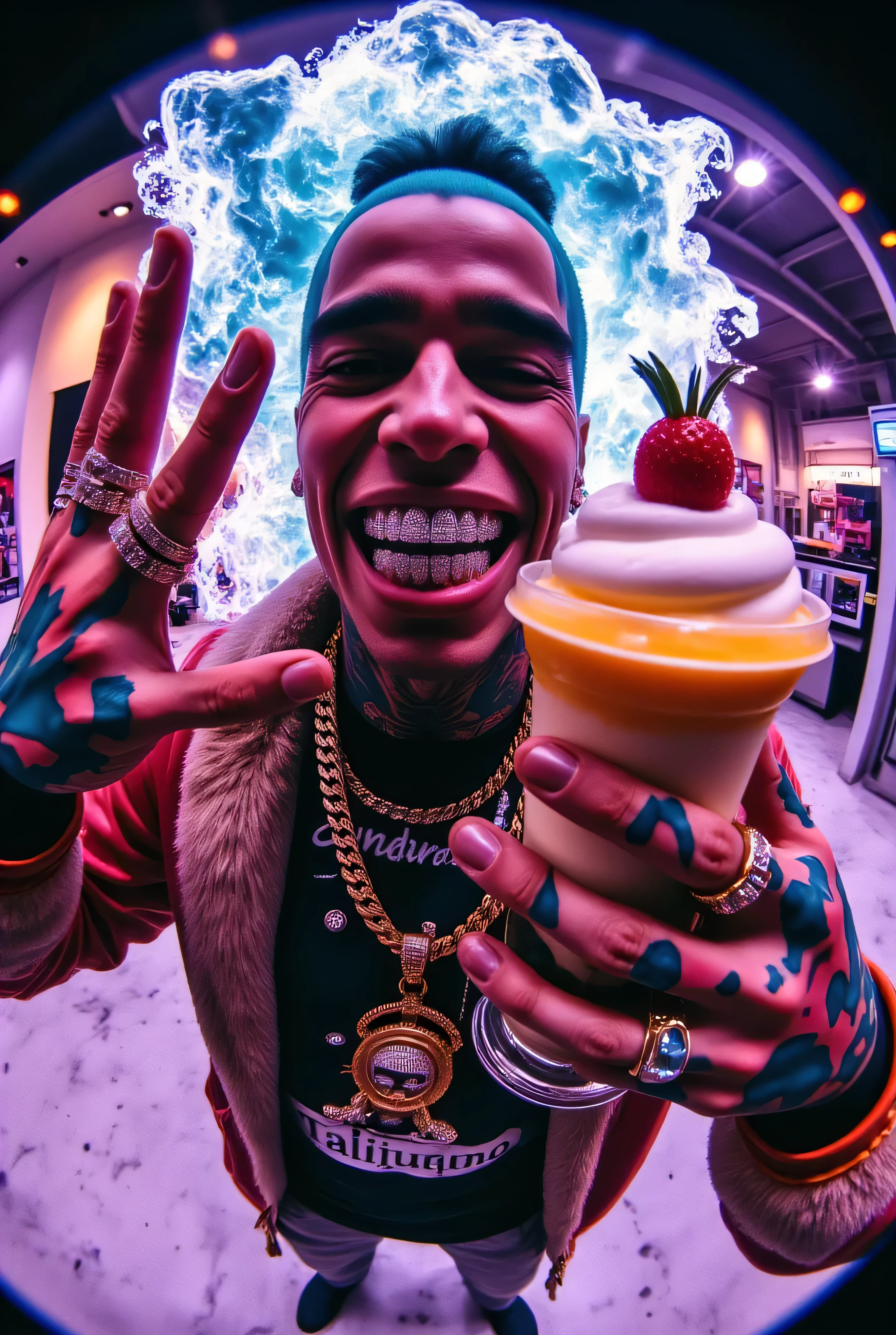 gr!llz, photograph An ultra-realistic, first-person view (FPV) of human-like character inspired by sci-fi aesthetics. The perspective shows the viewer's hands reaching forward, one hand holding an intricately detailed tropical fruit and icecream drink. The character has luminous peacock color skin, wearing a fur bubble jacket with shirt underneath with bold text that says "Talijuano", bold gold chain aesthetic_pos3 ,The character enveloped in intense thick colored energy. Their face is obscured by the overwhelming glow, emphasizing the sheer power they are unleashing. The background is a fantasy Daytime nightmare.
. The lighting is realistic and cinematic, emphasizing the glowing accents, reflective surfaces of the drink, and the characters' detailed features. smiling into the camera, fish eye lens realistic photograph with a wide smile, its teeth are encrusted with shiny platinum diamonds. diamonds dance and twinkle in the light, enthusiastic laugh,