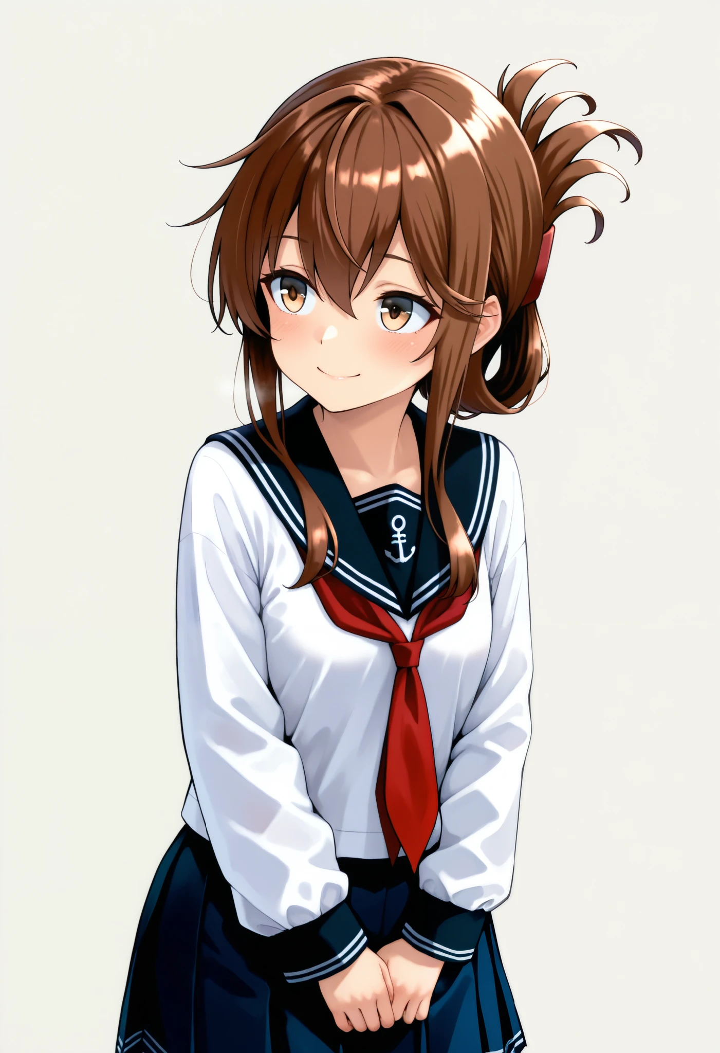 top quality, Amazing Quality , very aesthetic , is ridiculous,
1 girl, Lightning \( Kantai Collection\), Hair, summary hair , long hair, brown eyes,, long hair, Hair, brown eyes, Folded Ponytail , Lightning ( Kantai Collection), skirt, school uniform, Sera Clothing, neckerchief ,, Snow Day,
Anchor Symbol, black sailor color, Long Sleeve , neckerchief , school uniform, Sera Clothing, 黒のプリーツ skirt,
with your hands on your back, smile, upper body, viewers, Alone, ( simple background, White Background :1.3),