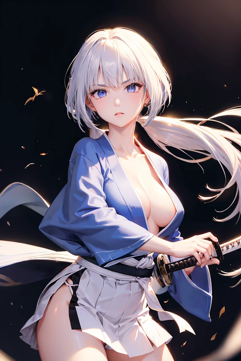 ((high quality、masterpiece、detailed、Normal body、5This finger))、Beautiful Girl Swordsman((Bust: 100cm、Holding a Japanese sword in his right hand:、Hold the sheath in your left hand、Silver Hair、Mystical Eyes))、Black Robe、White Skirt:1.2、moonlight、wielding a Japanese sword、Sword Drawing Technique、yes、Japan Pulling the sword out of its sheath、Feminization:1.7、Camel Toe、Giant tit、Nipple Puffs、Cleavage、Plump、Super big breasts、Super big butt、sexy、sexyポーズ、lure