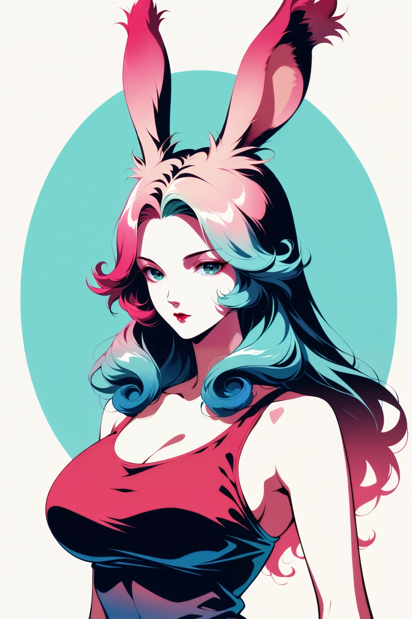 top quality, illustrator anime , style retro classic, masterpiece :1.5、(Minimal Art), Viera woman、Colored Hair, silence、Fatigue、Densely painted, plain tank top , Big Breasts, portrait, neon color palette ,