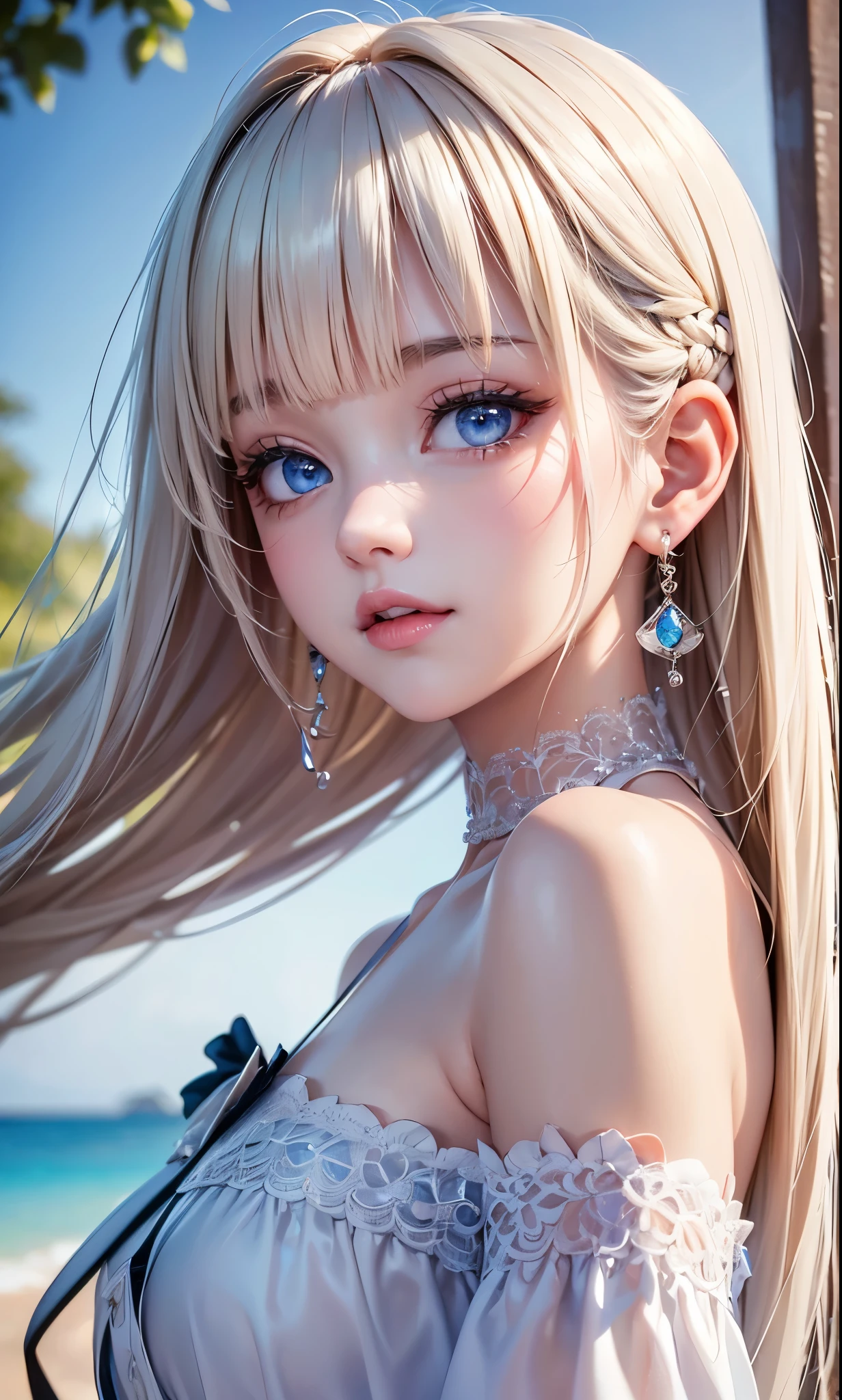 ((sfw: 1.4)), (( detailed face, cute face, detailed face, professional photography)), ((from side)), (( off-the-shoulder top)), (( Shiny platinum blonde silk hair, beautiful shiny bangs, big clear sky blue eyes, very beautiful bright eye highlights, earrings, 1 Girl)), Ultra High Resolution, (Realistic: 1.4), RAW Photo, Best Quality, (Photorealistic Stick), Focus, Soft Light, (()), (( (young face))), (surface), (depth of field), masterpiece, (realistic), woman, bangs, ((1 girl))