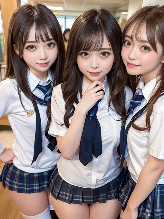 ((best quality, 8k, masterpiece)), ultra-detailed, sharp focus, (three cute girls sitting side by side), 18yo, ((white panties:1.2)), lace panties, (sitting on the seat of a train), (long seats), ((school uniform)), highly detailed face and skin texture, ((detailed eyes)), ((beautiful eyes:1.2)), smile