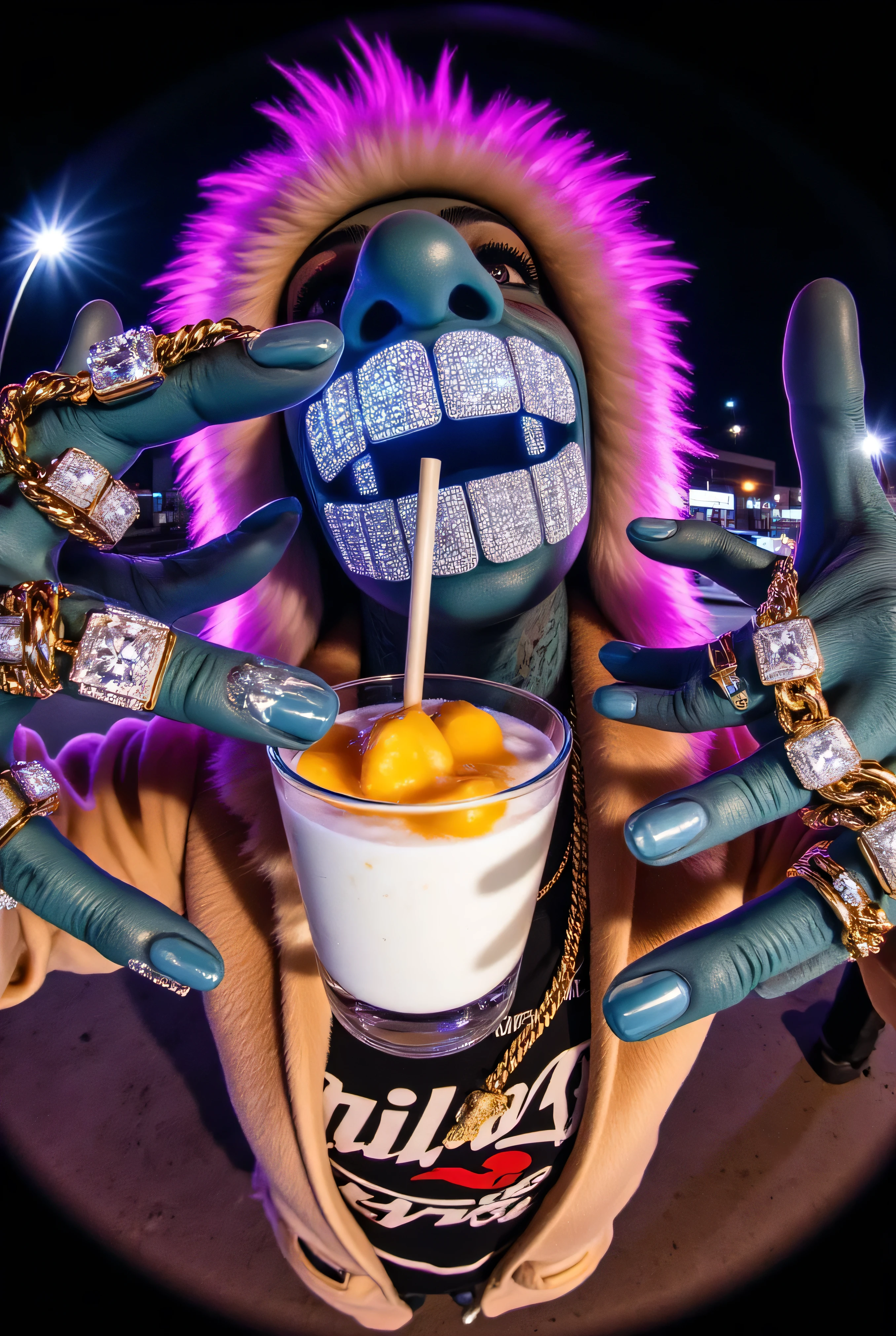 gr!llz, photograph An ultra-realistic, first-person view (FPV) of human-like character inspired by sci-fi aesthetics. The perspective shows the viewer's hands reaching forward, one hand holding an intricately detailed tropical fruit and icecream drink. The character has luminous peacock color skin, wearing a fur bubble jacket with shirt underneath with bold text that says "Talijuano", bold gold chain aesthetic_pos3 ,The character enveloped in intense thick colored energy. Their face is obscured by the overwhelming glow, emphasizing the sheer power they are unleashing. The background is a fantasy nightime nightmare.
. The lighting is realistic and cinematic, emphasizing the glowing accents, reflective surfaces of the drink, and the characters' detailed features. smiling into the camera, fish eye lens realistic photograph with a wide smile, its teeth are encrusted with shiny platinum diamonds. diamonds dance and twinkle in the light, enthusiastic laugh,