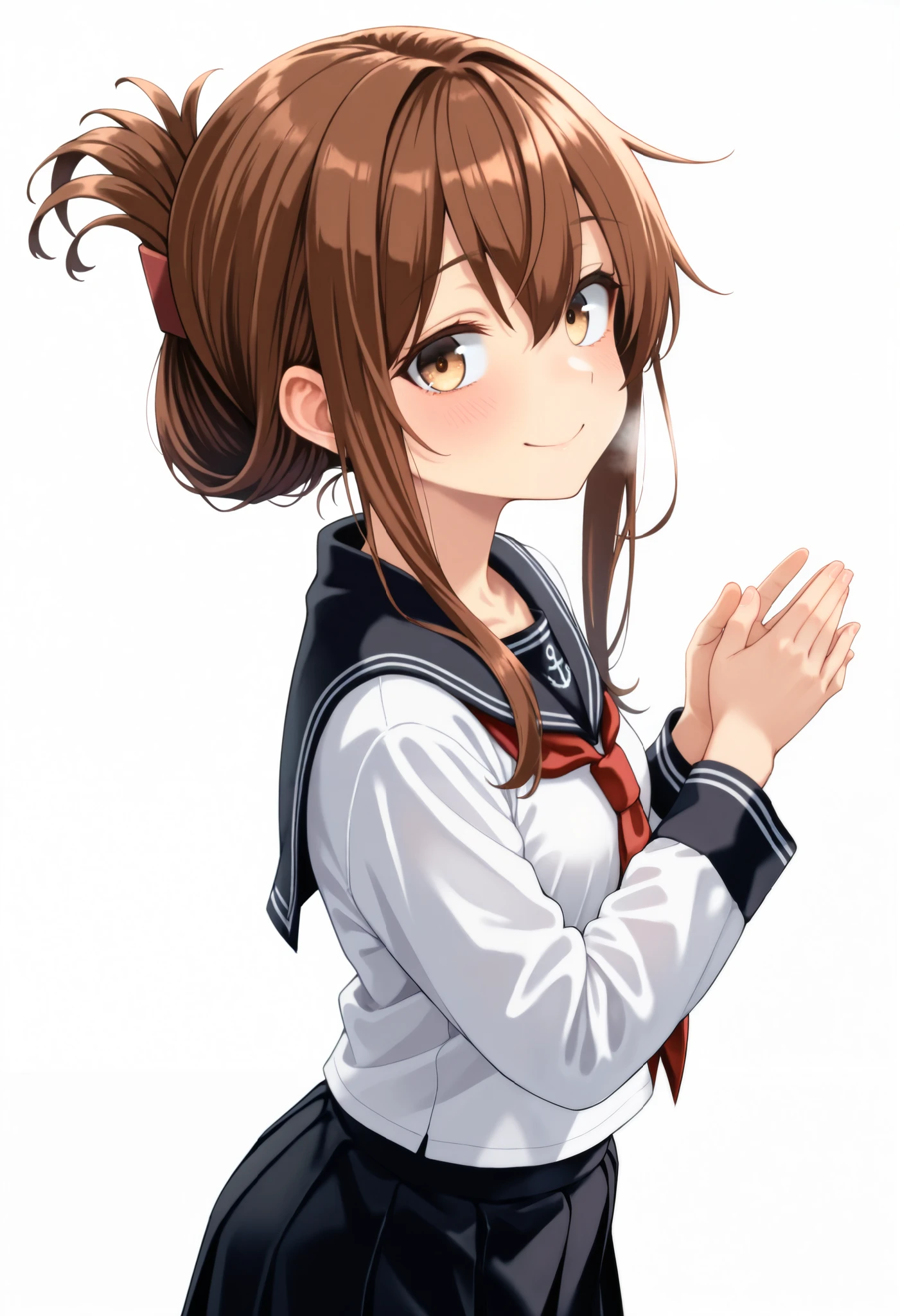 top quality, Amazing Quality , very aesthetic , is ridiculous,
1 girl, Lightning \( Kantai Collection\), Hair, summary hair , long hair, brown eyes,, long hair, Hair, brown eyes, Folded Ponytail , Lightning ( Kantai Collection), skirt, school uniform, Sera Clothing, neckerchief ,, Snow Day,
Anchor Symbol, black sailor color, Long Sleeve , neckerchief , school uniform, Sera Clothing, 黒のプリーツ skirt,
with your hands on your back, smile, upper body, viewers, Alone, ( simple background, White Background :1.3),