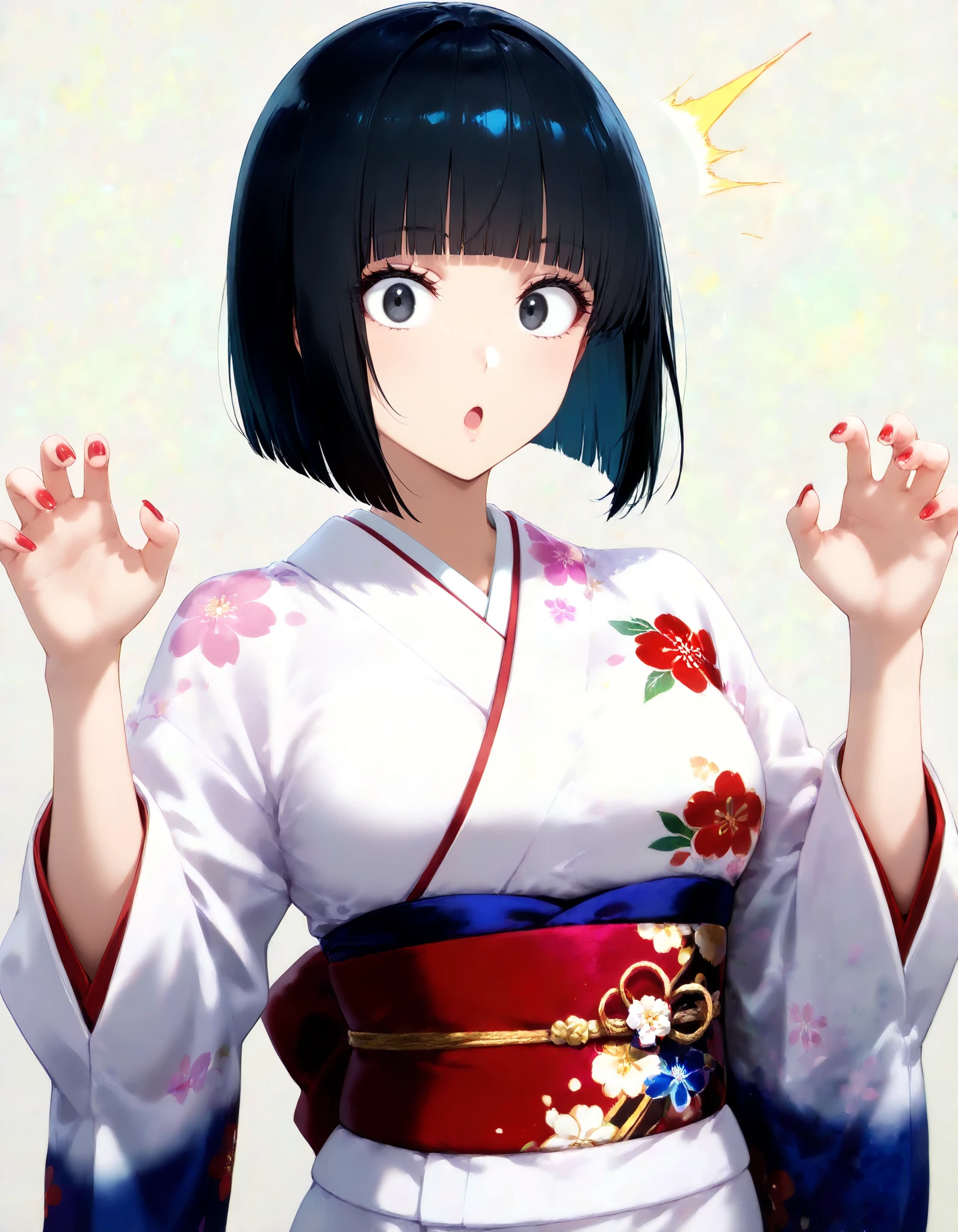 score_9, score_8_up, score_7_up, (1girl, solo), (upper body, looking at viewer), (black short hair, bob cut, blunt bangs), black eyes, (Japanese clothes, kimono, floral print, sash, long sleeves, obi), (surprised expression, astonishment), (raised, both arms, freeze pose), (nail polish, red nails), (simple background, grey background)