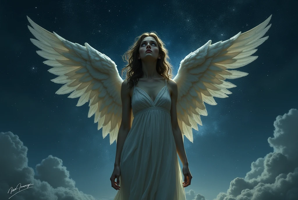 work of art, best qualityer, white loincloth, angel, angel wings, golden halo, darkness background, trunk, (cloused mouth:1.2), looking ahead at viewer, arms behind the back, blue theme, stele, stary night