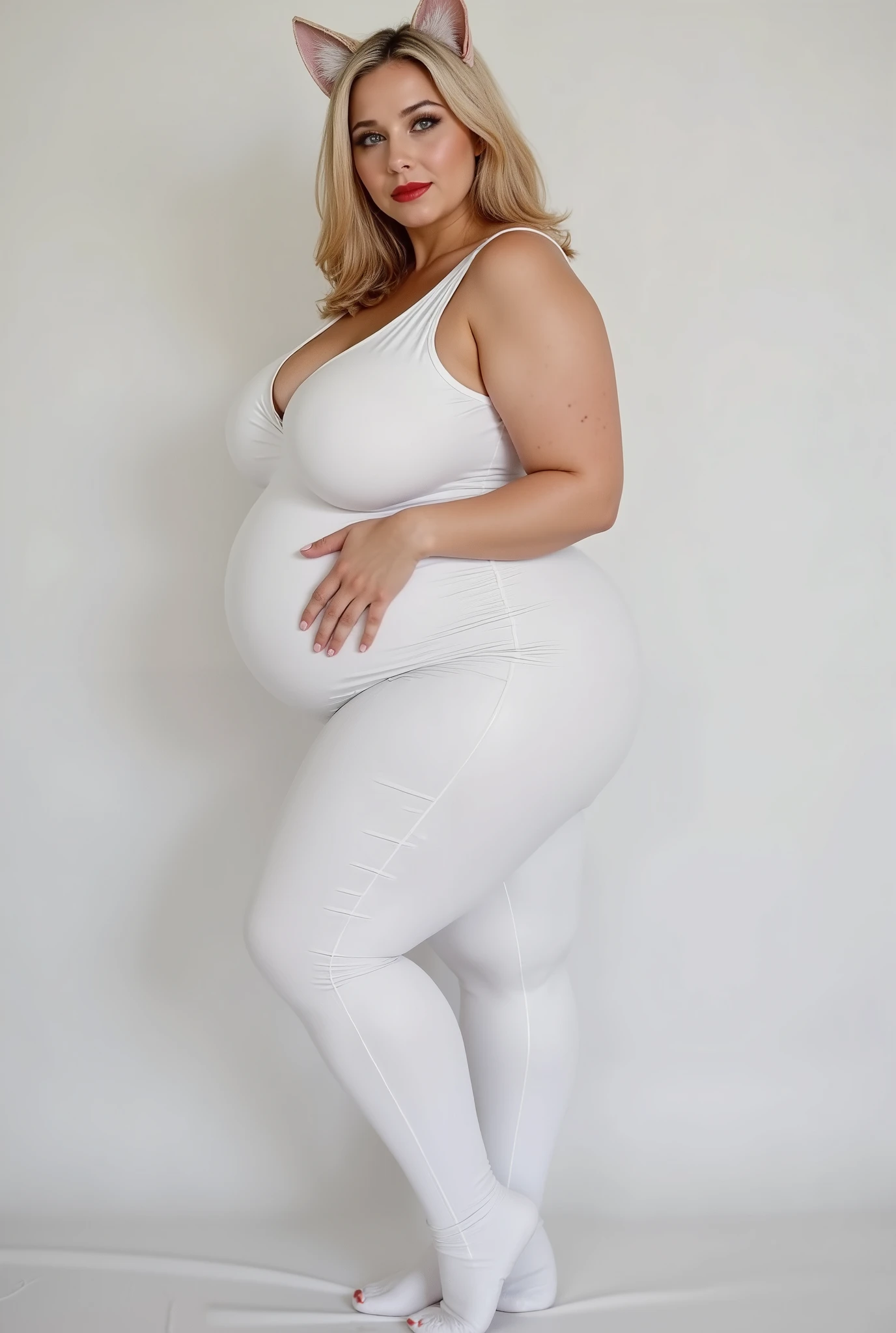 （perfect slim figure:1.2+Beautiful face,Voluptious body:1.3+white skinned,red pupils,）,4K quality,Full body like,Brown skin girl standing pose,The barefoot,White color hair, (nabel:1.1)、(fatness:0.8), Pregnant women with（tightsuit:1.1）