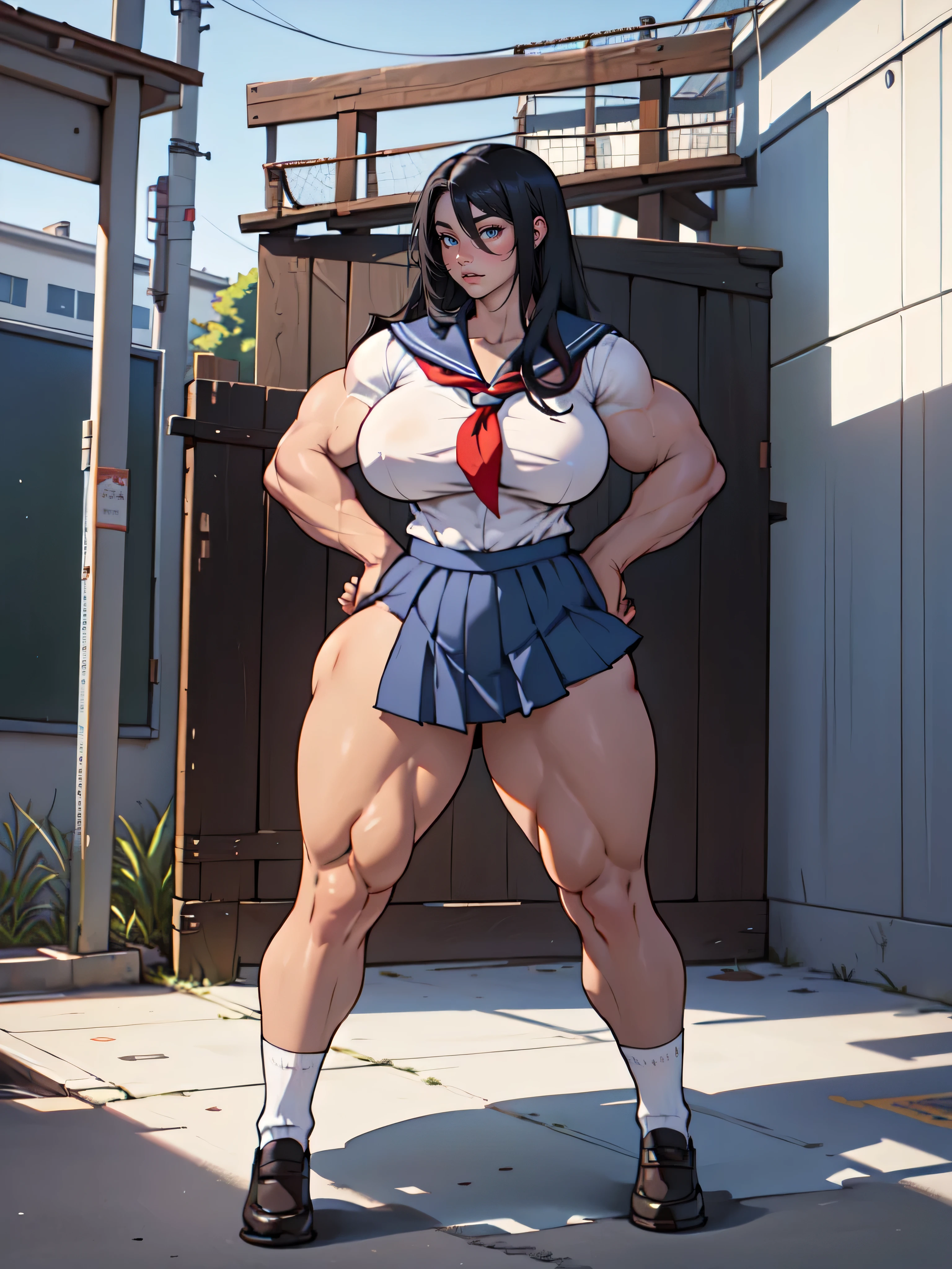 KozonoNami, 1girl,yellow eyes, long hair, black hair, ponytail, hair bow, , white shirt, vest, suspenders, miniskirt, red necktie, black thighhighs, zettai ryouiki, optional clothes: red coat, purple shirt, large breasts and brown hair, perfect eyes, perfect face, Large Breasts, cleavage, curvy, big ass tricky glance, smirking (masterpiece), best quality, muscular woman, woman with well marked muscles, toned muscles, hyper muscular, massive muscles, massive shoulders, massive biceps, muscles bulging, gigantic muscles, extreme muscular, muscles, big muscles, muscle mommy, muscular female, Bulky, Bodybuilder, HyperMuscle, massive breasts, well defined abs, big tits, massive tits, fake tits, erect nipples, legs spread, legs spread open, tight clothing, hands press breasts, hands squeezing breasts, massive muscles, massive shoulders, massive biceps, muscles bulging, gigantic muscles, extreme muscular, breasts revealed, nipples revealed, nude, naked, no clothes on
