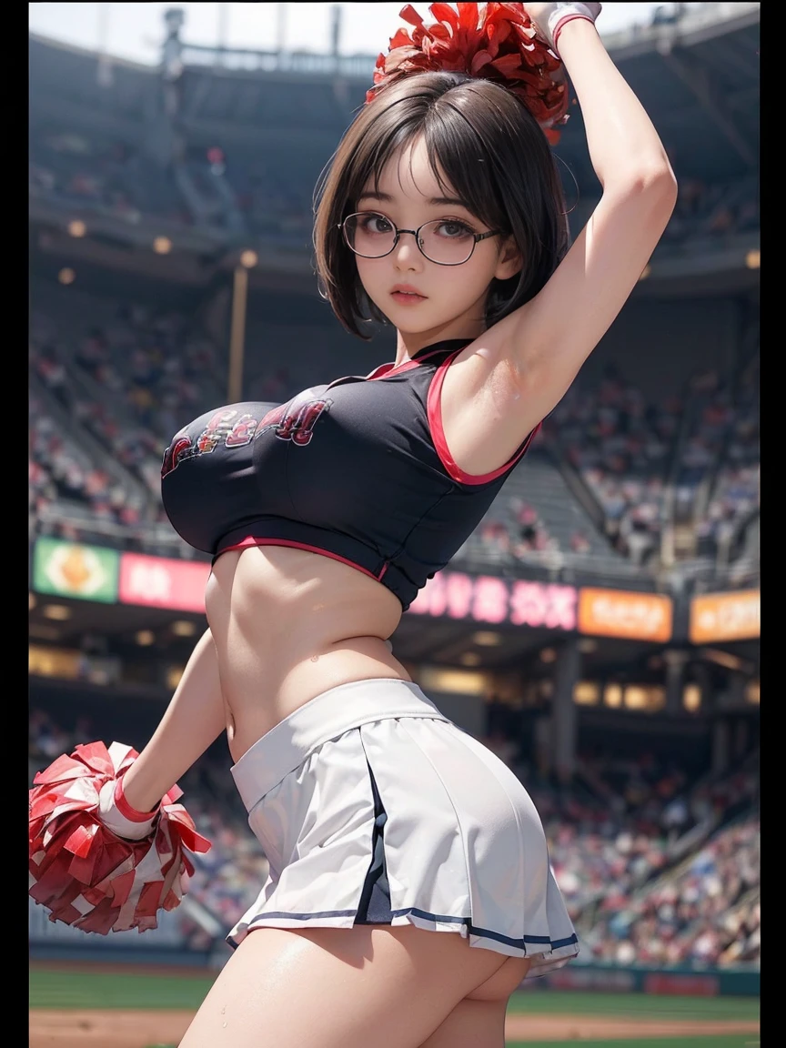 8k, RAW Photos, Highest quality, masterpiece, Realistic, Realistic, (1 Ultimate beauty), ((sexy cheerleader costume)),(Strictly adhere to a composition where only one person appears in the photo)、(At the baseball stadium)(Wear rimless glasses)((Korean baseball cheerleaders))((I can see your pants))Highly detailed face, (Perfect Teeth), fine grain, double eyelid, eyelash, Lip details, (((Black short bob hair), (((Very large breasts)))Big Breasts,(((Accentuate your cleavage)))(((On all fours)))(((Highlight the flesh of the crotch)))((Sexy pose))Cowboy Shot,  Soft Light, ((Written boundary depth)) 
Proceed with caution，((,Japanese women)), (((moderately fleshy body, Tight waist))), (((Realistic))