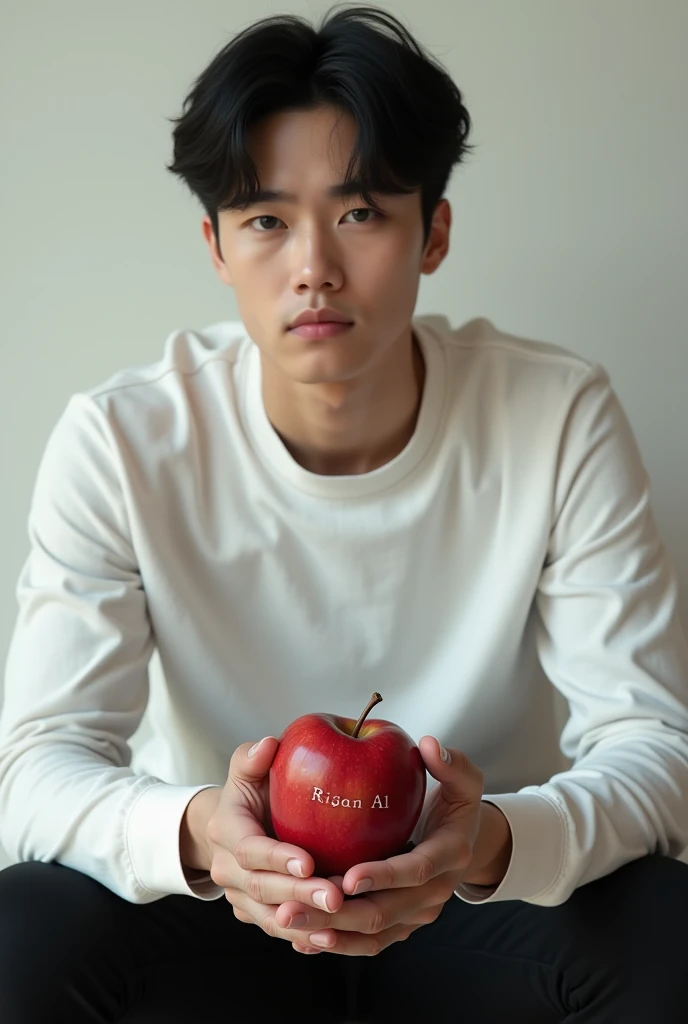 a naked man, Many apples and cherries are flying in the air, red background, shirtless , realistic handsome Korean face , modest muscles , masterpiece、A high resolution、hyperrealism、detailed face、solo、a men、glowing skin、(Asian)、(young、teenager)、Handsome、detailed background