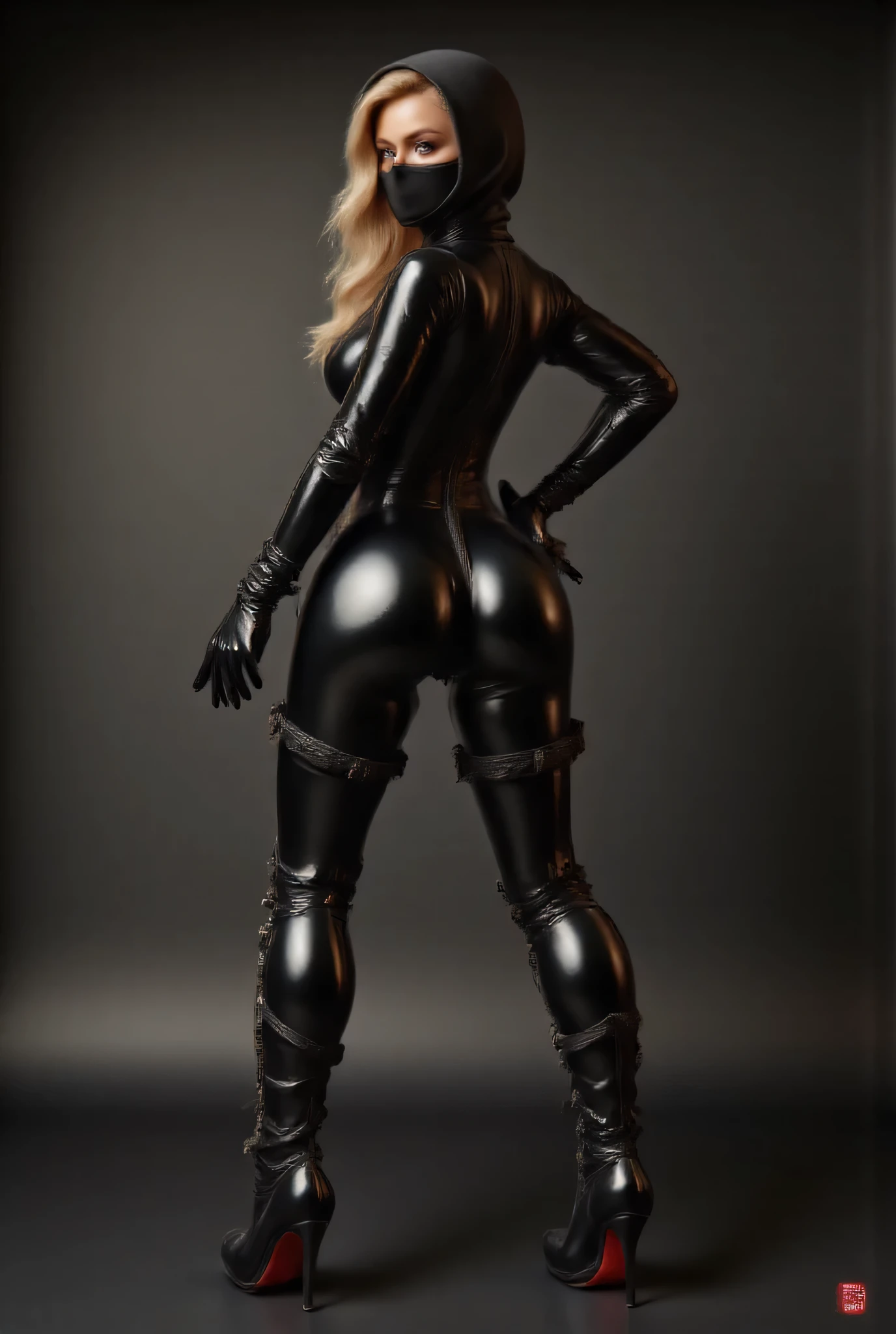 20 year old Barbie in a black ninja suit and with black knee High high heel Boots, side rear view