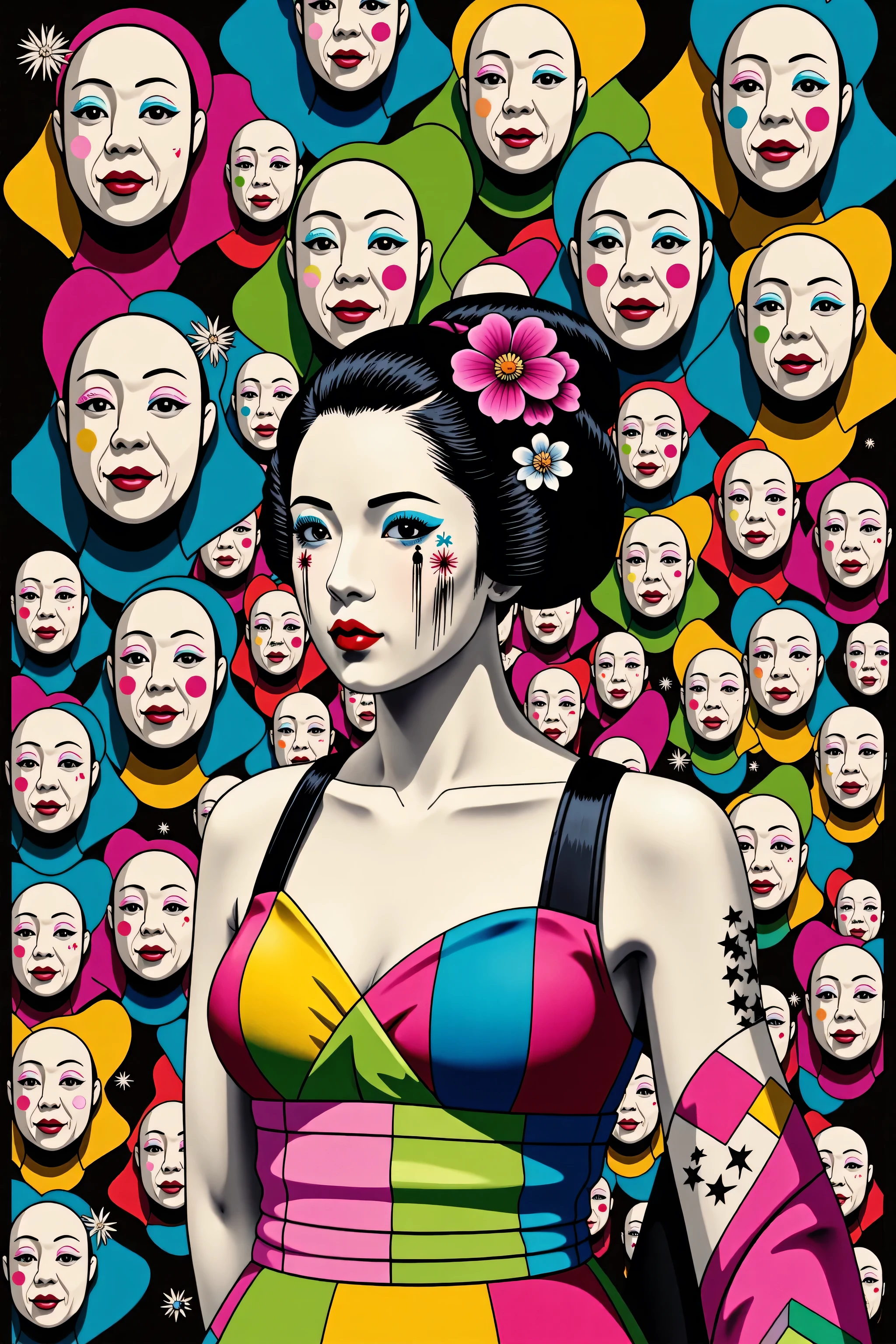 Expressionist artwork images of multiple floating ceramic heads, 3d collage style, make it weird and gallery worthy, ((japanese woman)), portrait, absurdres,highres,ultra detailed,ultra-detailed background,detailed background,extremly detailed,1girl,bunch of flowers,(zentangle:1.2),(geometric:1.2) multi-colored color palette, monochromatic, big , cleavage, sideboob, lingerie, realistic depiction, arms behind back, kaleidoscopic, multidimensional, ethereal glow, captivating uniqueness, surreal juxtapositions, visual symphony, unforgettable visual narrative, edgy, mathematical, simple-shaped vectors, highly modern, stylistic, polygonal abstraction, vector art, bold lines, minimalist color scheme, digital art, abstract geometry