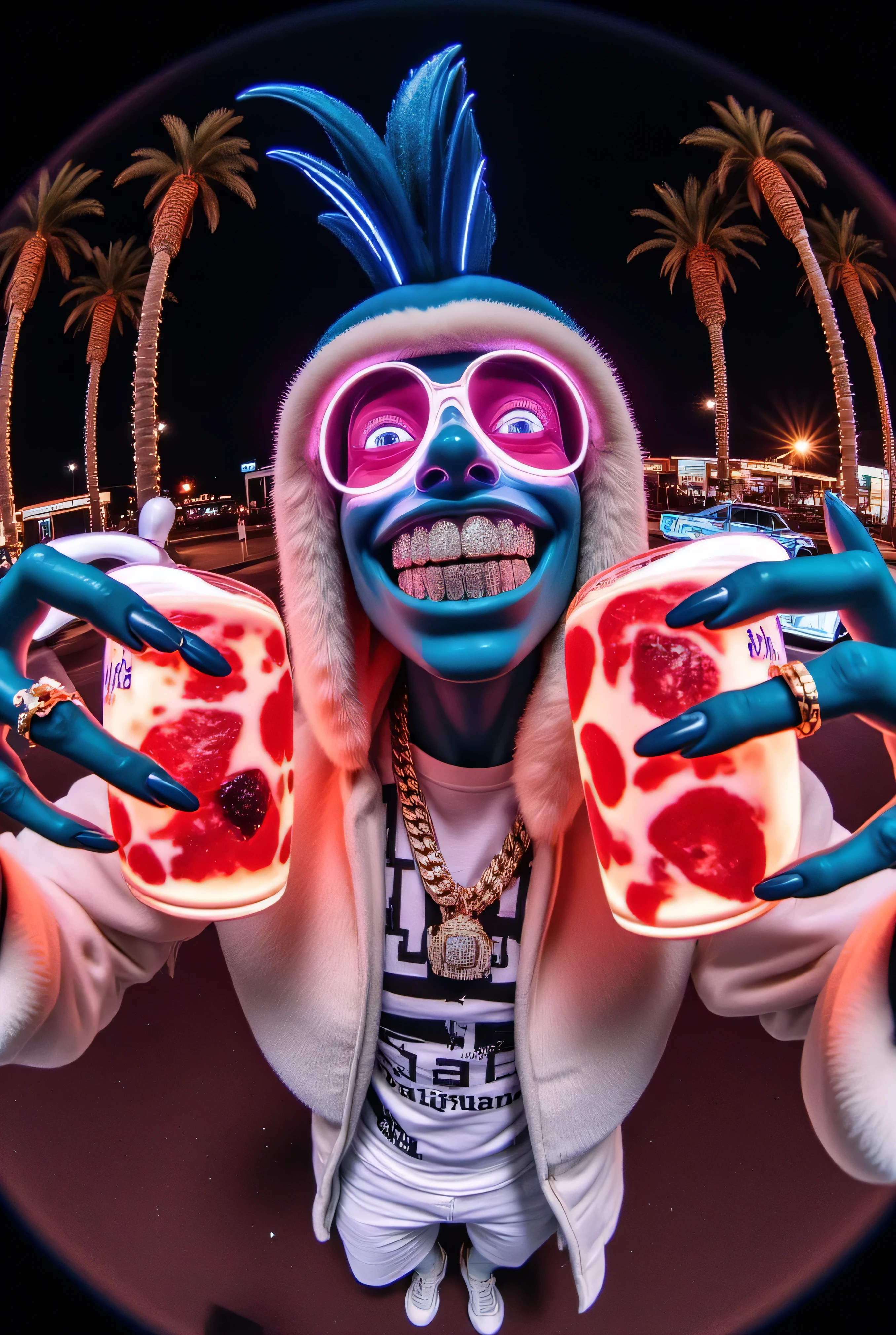 gr!llz, detailed hands, photograph An ultra-realistic, first-person view (FPV) of human-like character inspired by sci-fi aesthetics. The perspective shows the viewer's hands reaching forward, one hand holding an intricately detailed tropical fruit and icecream drink. The character has luminous peacock color skin, wearing a fur bubble jacket with shirt underneath with bold text that says "Talijuano", bold gold chain aesthetic_pos3 ,The character enveloped in intense thick colored energy. Their face is obscured by the overwhelming glow, emphasizing the sheer power they are unleashing. The background is a fantasy nightime nightmare.
. The lighting is realistic and cinematic, emphasizing the glowing accents, reflective surfaces of the drink, and the characters' detailed features. smiling into the camera, fish eye lens realistic photograph with a wide smile, its teeth are encrusted with shiny platinum diamonds. diamonds dance and twinkle in the light, enthusiastic laugh,