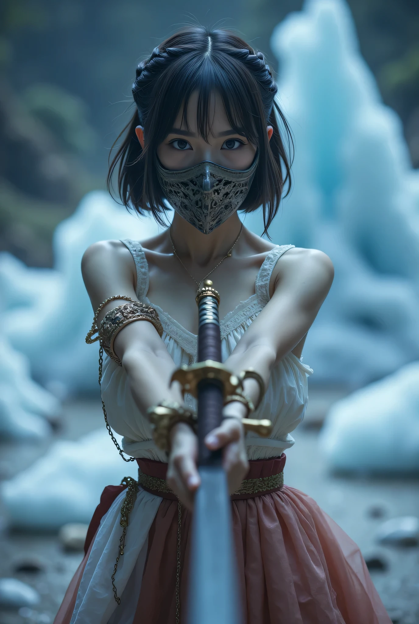 (8k, top quality of talks, masterpiece), ( exist , photo exist : 1.37), very detailed, one girl to rainbow , { Sylvain Watch with Sword pattern }, Wide angle , Breasts Bouncing Big Outside the University of Tokyo at Night , Very delicate depiction , Made with Miniature Paint , Detailed Depiction of Short Braided Hair , correct skeleton, In the center 、 short braided hair , Braid Chain , Long and thick sword 、 dreamy ,A super existent mixed fantasy world , a combination of existential elements and fantastic elements ( Swirling Glacier :1)、 Prepare to Fight with a Sword 、 complicated , Wearing an Elaborate Iron Mask 、 wearing a mask 、 facing the camera