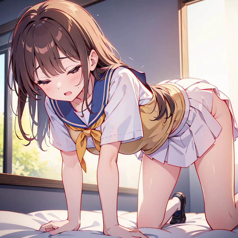 A woman is pushed down on the bed and looks embarrassed, on her back, wearing a sailor suit, breasts visible, skirt pulled up for sex, panties visible, missionary position, erotic face,POV, mouth wide open and screaming, face Blushing, pleasure face.