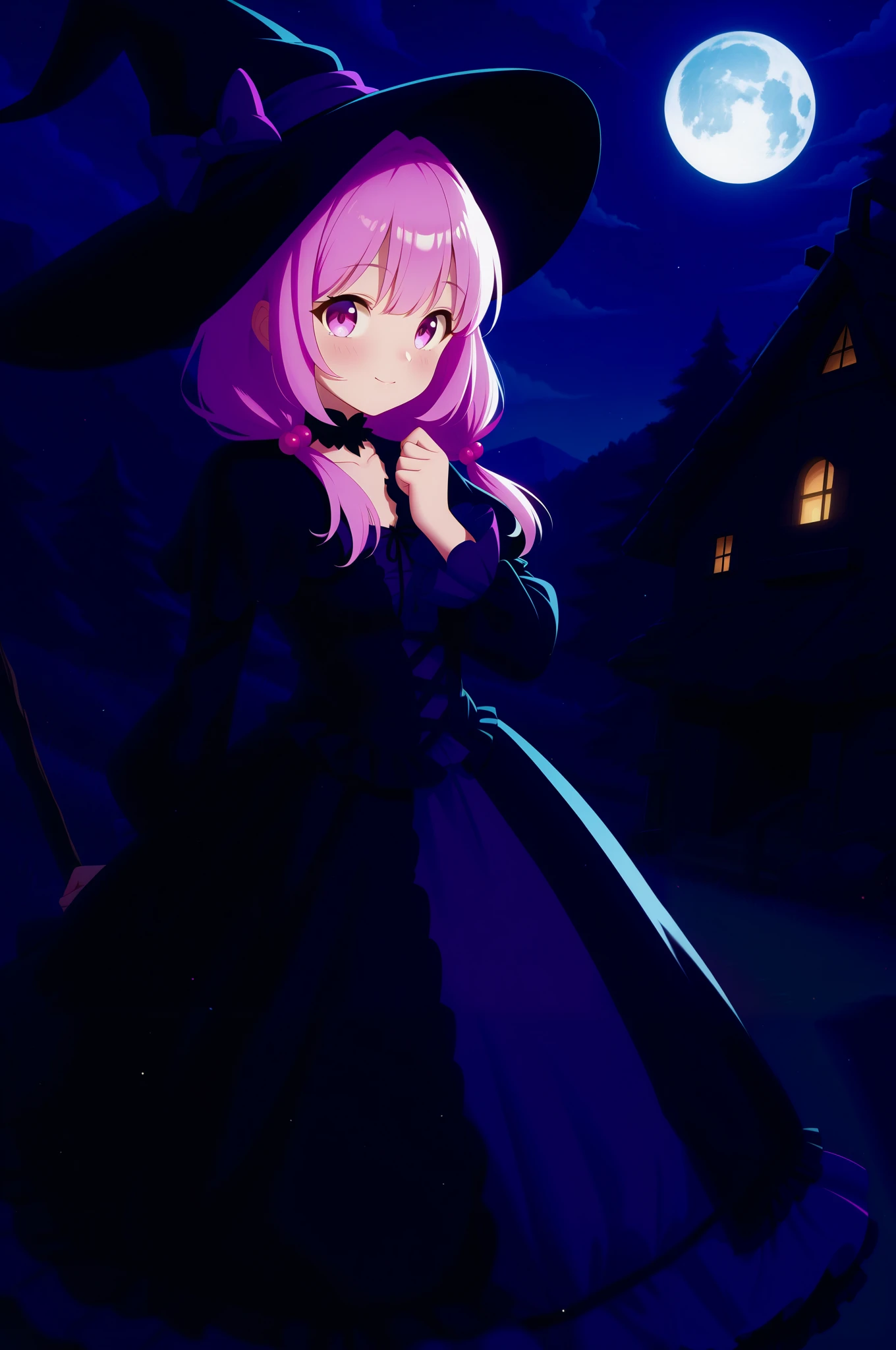 8K, masterpiece, best quality, night, full moon, a cute sweet witch, gothic style, cottage background, (cinematic light:1.1), light blue and pink tetradic colors