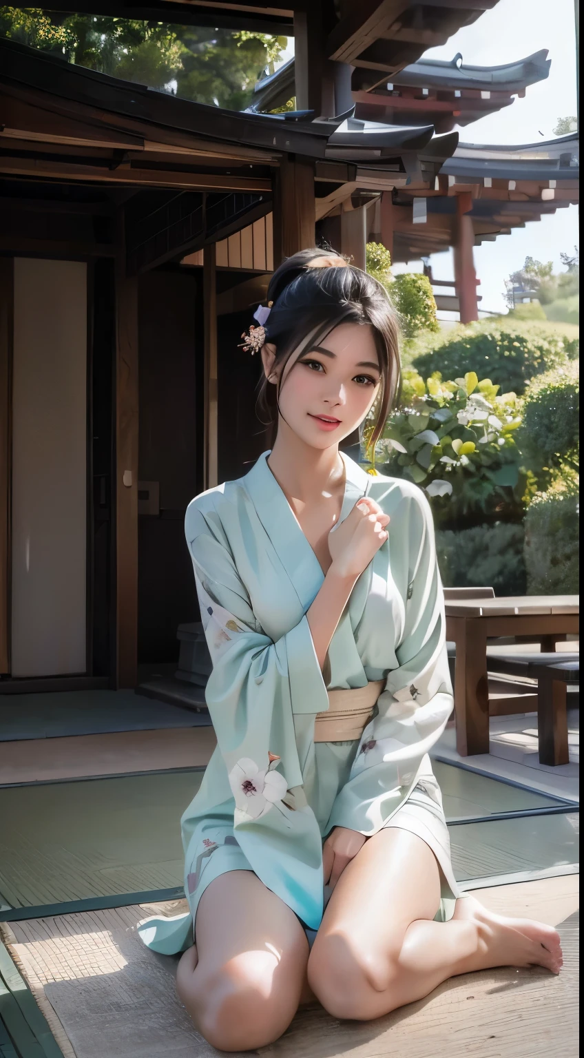 (Photorealsitic:1.4), (Top image quality:1.0), (超A high resolution:1.0), 8K, Raw photography, (masterpiece:0.2), (pureerosface_v1:0.5)、(Best Quality Detail:1.2)、realisitic、8K UHD、hight resolution、(1girl in:1.2)、The ultra-detailliert、High quality textures、intricate detailes、detaileds、Very detailed CG、High quality shadows、Detail Beautiful delicate face、Detail Beautiful delicate eyes、depth of fields、Ray traching,1girl in, japanaese girl, Cute, slender, Green kimono, Kimono with Japanese pattern,Floral scrunchie, Beautiful skin, Facing the front,Sit down, Sit upright and say thank you,Align your hands elegantly,Smile faintly The Land of Japan,Japanese garden,Luxury Japanese-style room, skyporn, Magic Hour, (Realistic:1.3), Finely detailed, quality, (masutepiece:1.2), (Photorealistic:1.2), (Best Quality), (Intricate details), Dramatic, Ray tracing, photograph, +Lola
