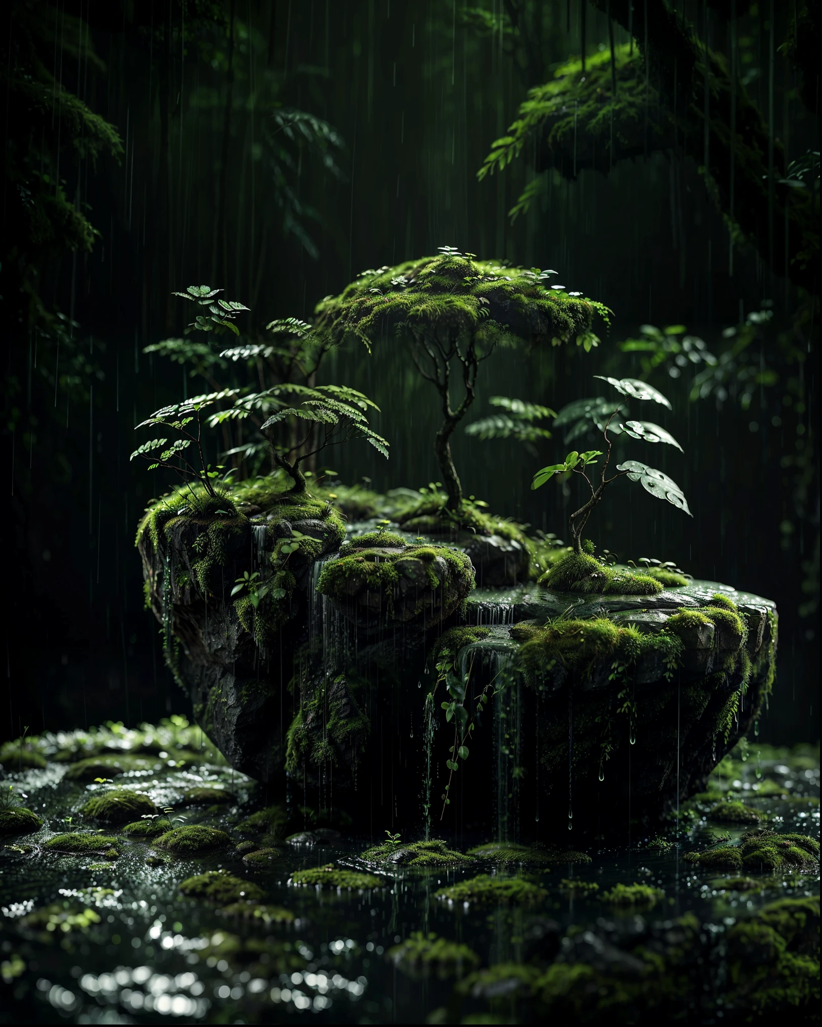 small forest, No human , opaque _ Foreground , outdoors , air , Rain , air fall, green theme , mountain , stone, mosses