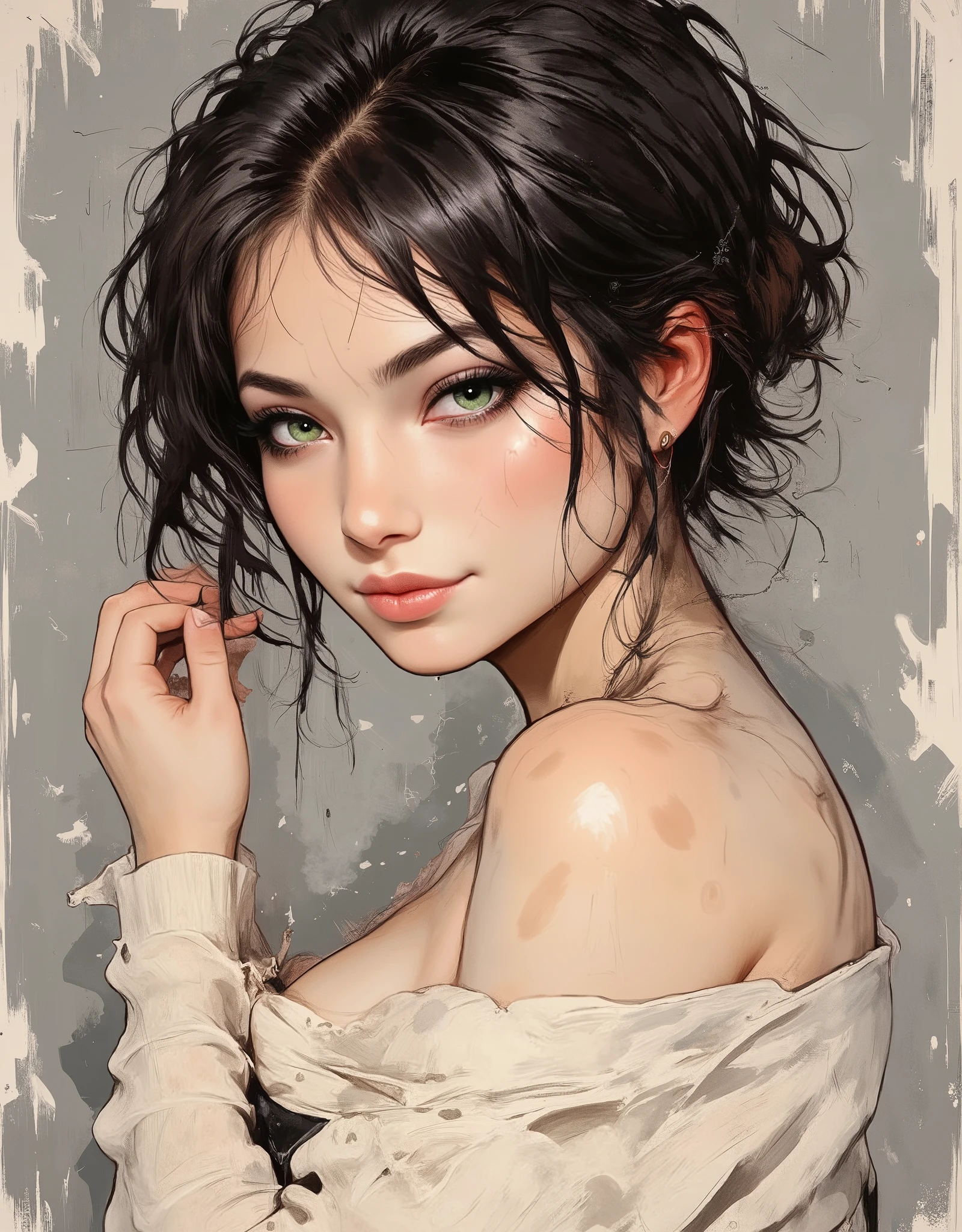 score_9, score_8_up, score_7_up, score_6_up,
fusion of watercolors and oil paintings, mix of monochrome and color, black ink. A beautiful woman with short, fluffy and messy hair, exuding a natural and casual temperament. Her eyes are bright, she is wearing a revealing loose off-white knitted sweater, the woman is slightly sideways, gently holding her tits with her hands, the corners of her mouth are slightly raised, soft warm tones background.Her expression is intense, with a slight smile. The textures are finely detailed, from the smoothness of their skin to the softness of their hair. The artwork combines elements of fantasy and gothic styles, with a focus on intricate details and a sense of depth and movement. clean line art, conveyed through expressive rough charcoal sketch marks on a distressed, old paper texture, with visible deckle edges and subtle tears, coming undone, into black ink, fading into the textured gray background. The woman’s bright, piercing green eye contrasts sharply against the chaotic patterns, evoking a sense of ethereal elegance. Her expression is intense, with a slight smile. The textures are finely detailed, from the smoothness of their skin to the softness of their hair. The artwork combines elements of fantasy and gothic styles, with a focus on intricate details and a sense of depth and movement. clean line art, conveyed through expressive rough charcoal sketch marks on a distressed, old paper texture, with visible deckle edges and subtle tears, coming undone, into black ink, fading into the textured gray background. The woman’s bright, piercing green eye contrasts sharply against the chaotic patterns, evoking a sense of ethereal elegance. 