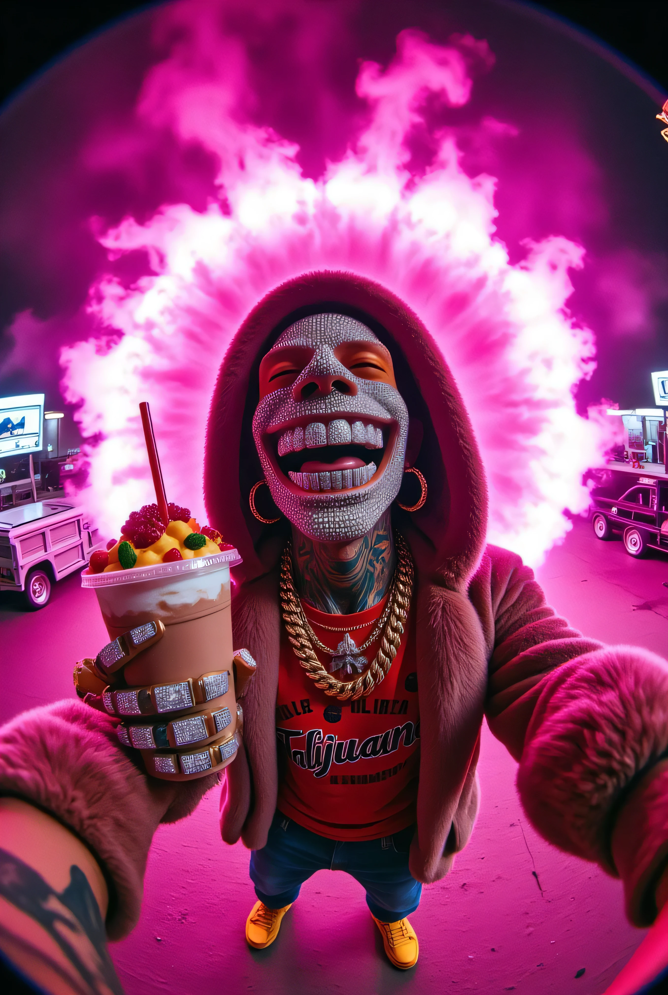 gr!llz, photograph An ultra-realistic, first-person view (FPV) of human-like character inspired by sci-fi aesthetics. The perspective shows the viewer's hands reaching forward, one hand holding an intricately detailed tropical fruit and icecream drink. The character has luminous peacock color skin, wearing a fur bubble jacket with shirt underneath with bold text that says "Talijuano", bold gold chain.The character enveloped in intense, pink flame energy. Their face is obscured by the overwhelming glow, emphasizing the sheer power they are unleashing. The background is a fantasy nightime nightmare.
. The lighting is realistic and cinematic, emphasizing the glowing accents, reflective surfaces of the drink, and the characters' detailed features. smiling into the camera, fish eye lens realistic photograph with a wide smile, its teeth are encrusted with shiny platinum diamonds. diamonds dance and twinkle in the light, enthusiastic laugh,