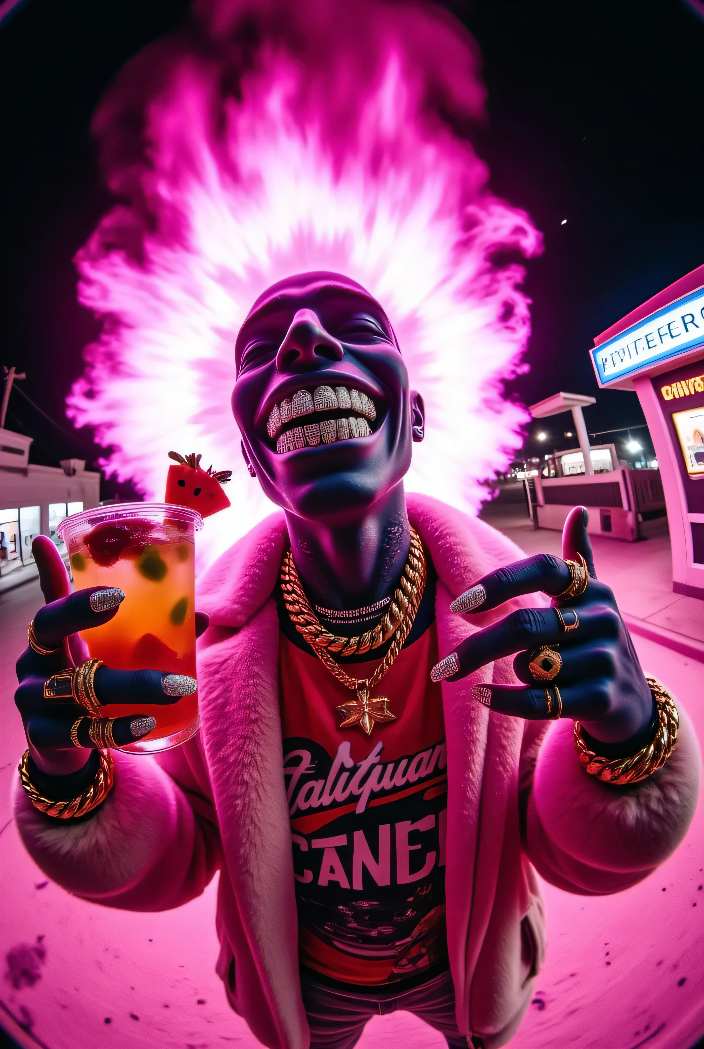 gr!llz, photograph An ultra-realistic, first-person view (FPV) of human-like character inspired by sci-fi aesthetics. The perspective shows the viewer's hands reaching forward, one hand holding an intricately detailed tropical fruit and icecream drink. The character has luminous peacock color skin, wearing a fur bubble jacket with shirt underneath with bold text that says "Talijuano", bold gold chain.The character enveloped in intense, pink flame energy. Their face is obscured by the overwhelming glow, emphasizing the sheer power they are unleashing. The background is a fantasy nightime nightmare.
. The lighting is realistic and cinematic, emphasizing the glowing accents, reflective surfaces of the drink, and the characters' detailed features. smiling into the camera, fish eye lens realistic photograph with a wide smile, its teeth are encrusted with shiny platinum diamonds. diamonds dance and twinkle in the light, enthusiastic laugh,