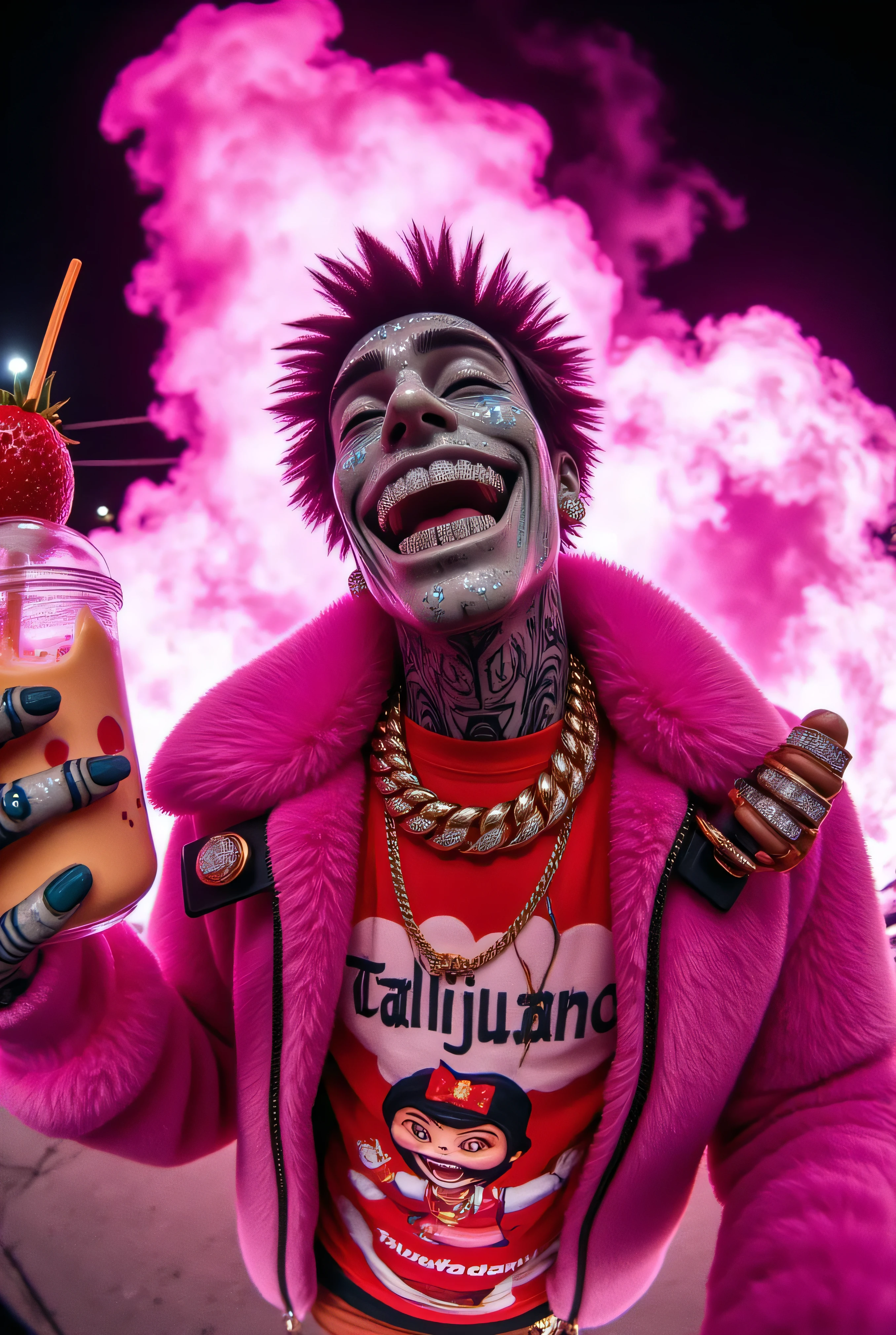 gr!llz, photograph An ultra-realistic, first-person view (FPV) of human-like character inspired by sci-fi aesthetics. The perspective shows the viewer's hands reaching forward, one hand holding an intricately detailed tropical fruit and icecream drink. The character has luminous peacock color skin, wearing a fur bubble jacket with shirt underneath with bold text that says "Talijuano", bold gold chain.The character enveloped in intense, pink flame energy. Their face is obscured by the overwhelming glow, emphasizing the sheer power they are unleashing. The background is a fantasy nightime nightmare.
. The lighting is realistic and cinematic, emphasizing the glowing accents, reflective surfaces of the drink, and the characters' detailed features. smiling into the camera, fish eye lens realistic photograph with a wide smile, its teeth are encrusted with shiny platinum diamonds. diamonds dance and twinkle in the light, enthusiastic laugh,