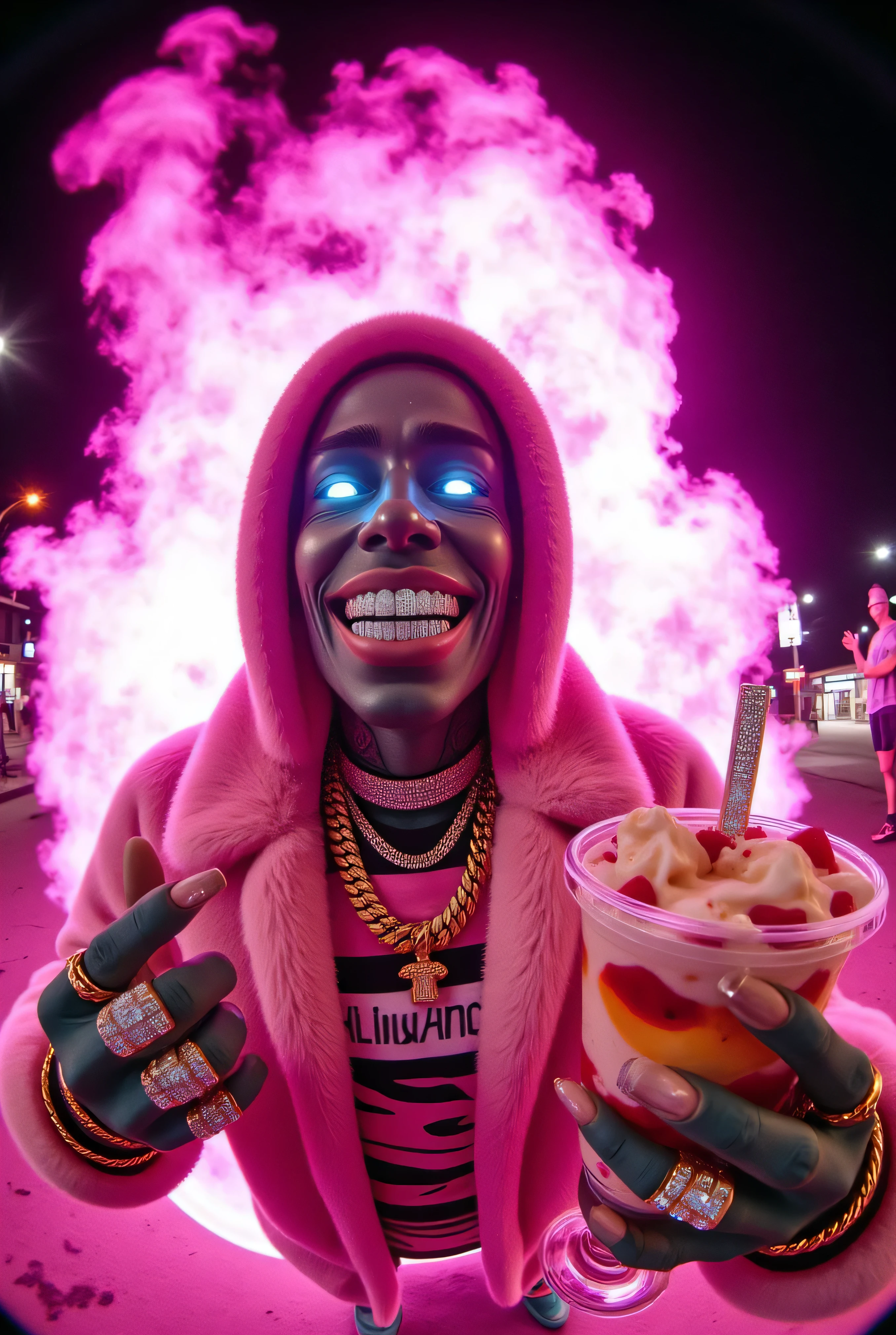 gr!llz, photograph An ultra-realistic, first-person view (FPV) of human-like character inspired by sci-fi aesthetics. The perspective shows the viewer's hands reaching forward, one hand holding an intricately detailed tropical fruit and icecream drink. The character has luminous peacock color skin, wearing a fur bubble jacket with shirt underneath with bold text that says "Talijuano", bold gold chain.The character enveloped in intense, pink flame energy. Their face is obscured by the overwhelming glow, emphasizing the sheer power they are unleashing. The background is a fantasy nightime nightmare.
. The lighting is realistic and cinematic, emphasizing the glowing accents, reflective surfaces of the drink, and the characters' detailed features. smiling into the camera, fish eye lens realistic photograph with a wide smile, its teeth are encrusted with shiny platinum diamonds. diamonds dance and twinkle in the light, enthusiastic laugh,