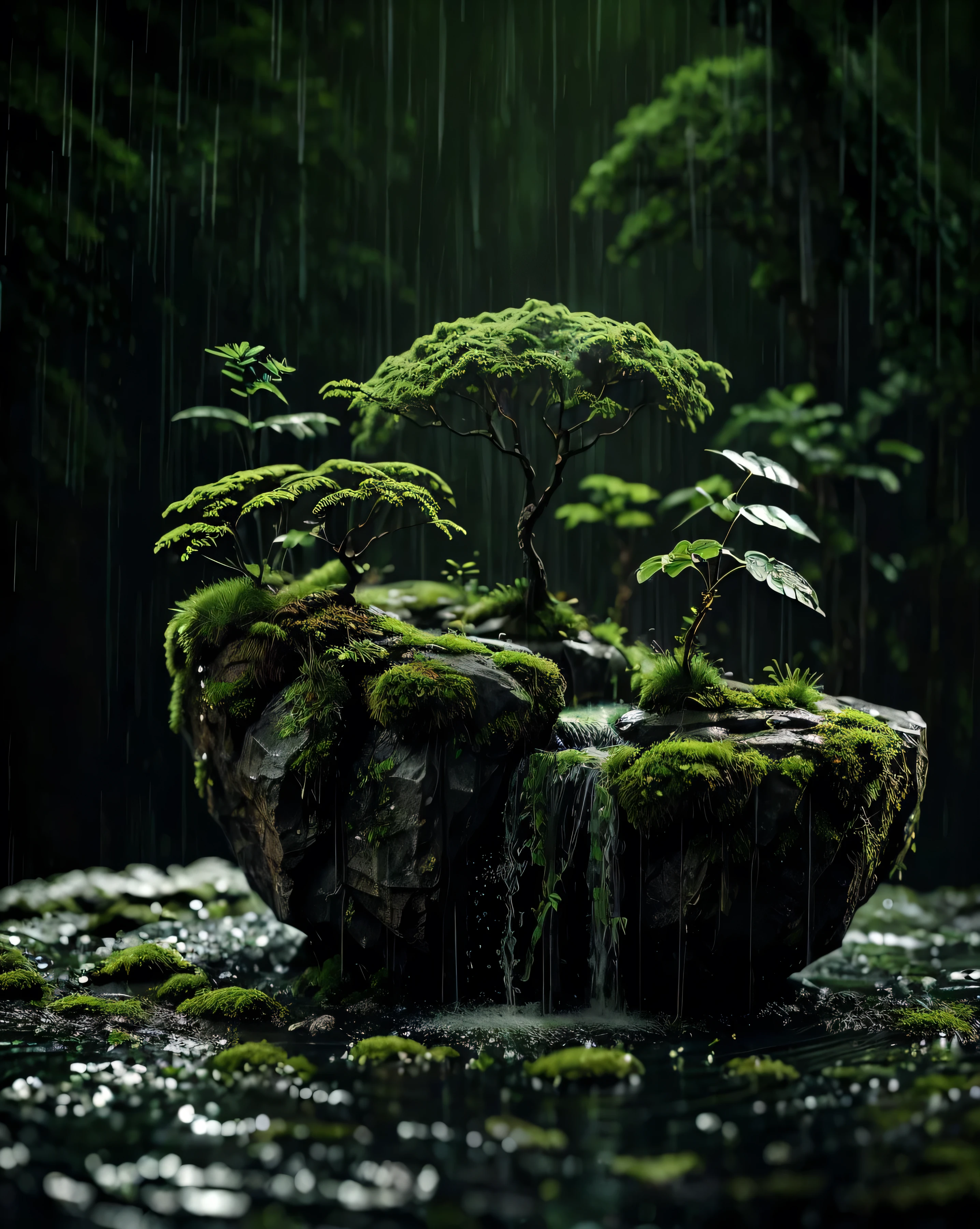 small forest, No human , opaque _ Foreground , outdoors , air , Rain , air fall, green theme , mountain , stone, mosses
