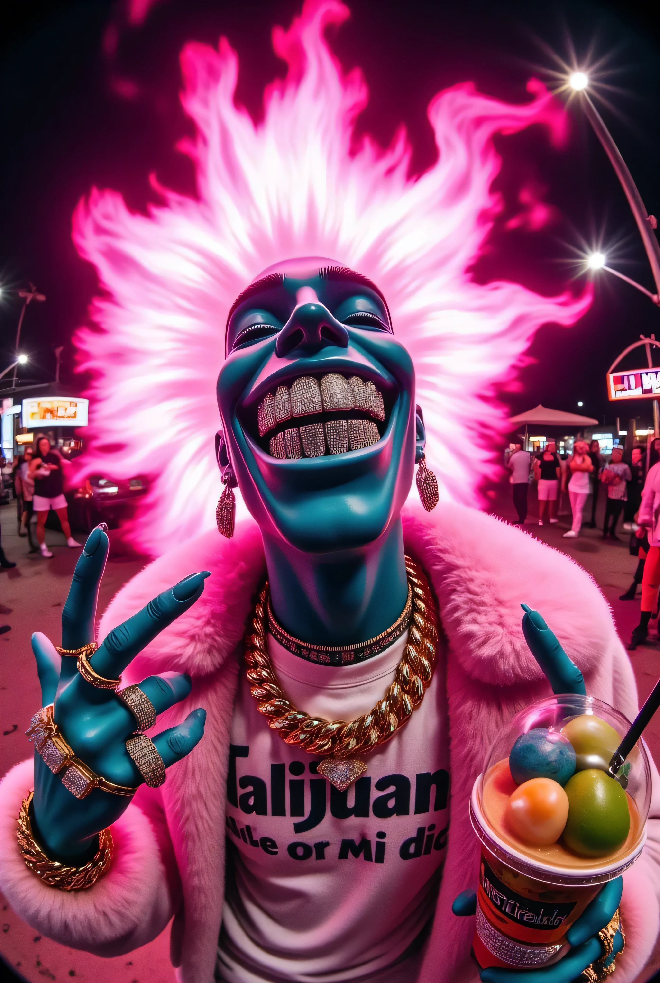 gr!llz, photograph An ultra-realistic, first-person view (FPV) of human-like character inspired by sci-fi aesthetics. The perspective shows the viewer's hands reaching forward, one hand holding an intricately detailed tropical fruit and icecream drink. The character has luminous peacock color skin, wearing a fur bubble jacket with shirt underneath with bold text that says "Talijuano", bold gold chain.The character enveloped in intense, pink flame energy. Their face is obscured by the overwhelming glow, emphasizing the sheer power they are unleashing. The background is a fantasy nightime nightmare.
. The lighting is realistic and cinematic, emphasizing the glowing accents, reflective surfaces of the drink, and the characters' detailed features. smiling into the camera, fish eye lens realistic photograph with a wide smile, its teeth are encrusted with shiny platinum diamonds. diamonds dance and twinkle in the light, enthusiastic laugh,