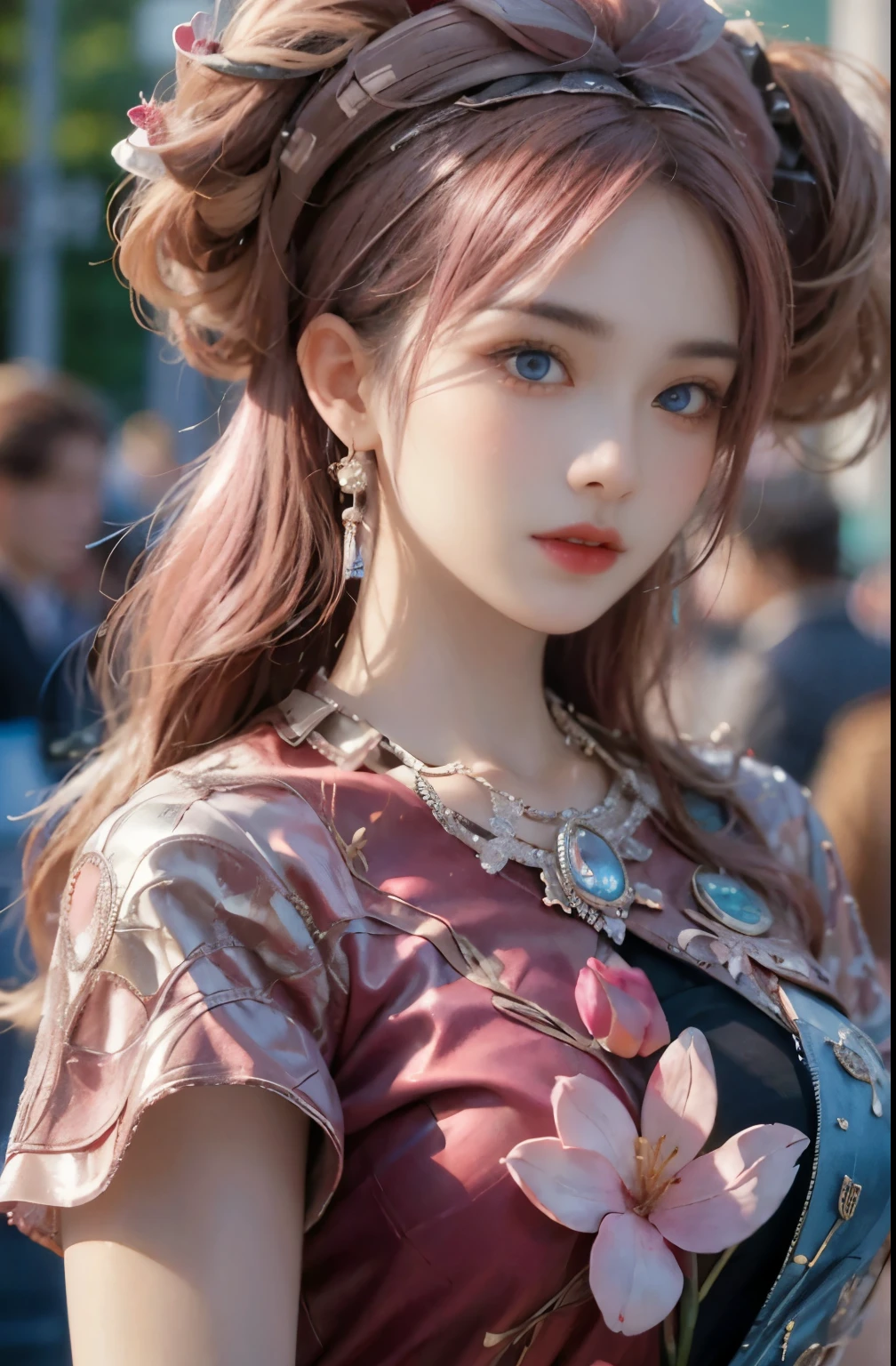 best quality, ultra high res, (photorealistic:1.4), (detailed beautiful girl:1.4), (medium breasts:0.8), looking_at_viewer, Detailed facial details, beautiful detailed eyes,pink hair, blue eyes, slender, haunting smile, (makeup:0.3), red lips, highly detailed clothes, (ulzzang-6500-v1.1:0.3)