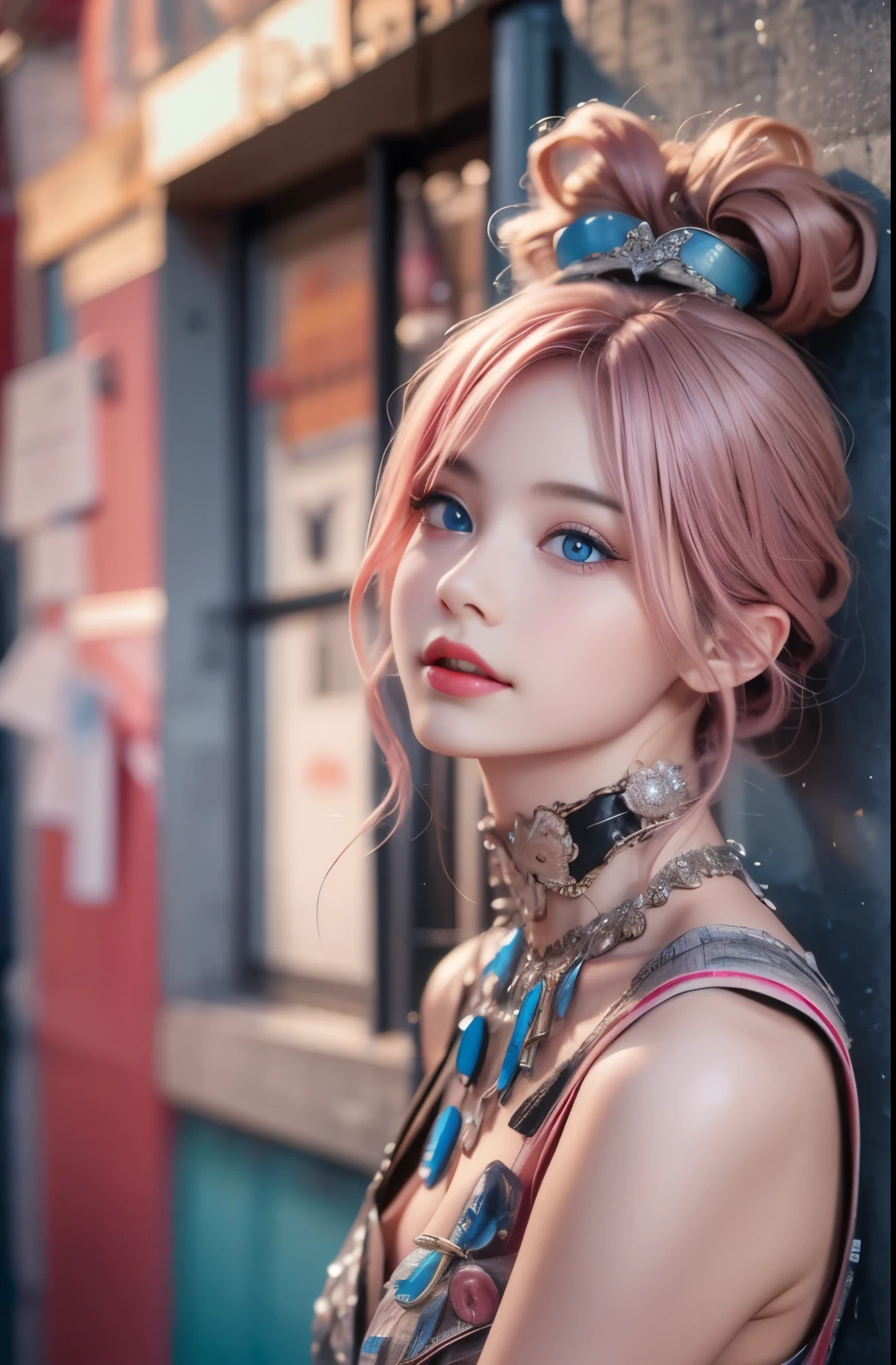 best quality, ultra high res, (photorealistic:1.4), (detailed beautiful girl:1.4), (medium breasts:0.8), looking_at_viewer, Detailed facial details, beautiful detailed eyes,pink hair, blue eyes, slender, haunting smile, (makeup:0.3), red lips, highly detailed clothes, (ulzzang-6500-v1.1:0.3)