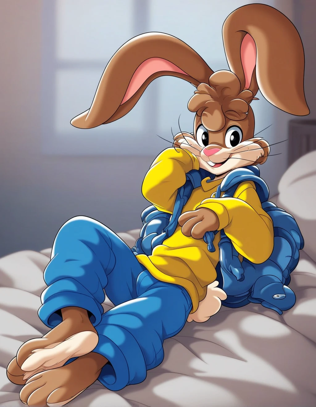 anthro, Bugs Bunny, rabbit, Looney Tunes style, male, naked, penis, focus on penis, bedroom, erect, (looking at viewer:1.2), stroking dick, handjob, (precum:1.2), (looking away:1.2), laying down, laying on bed, on back