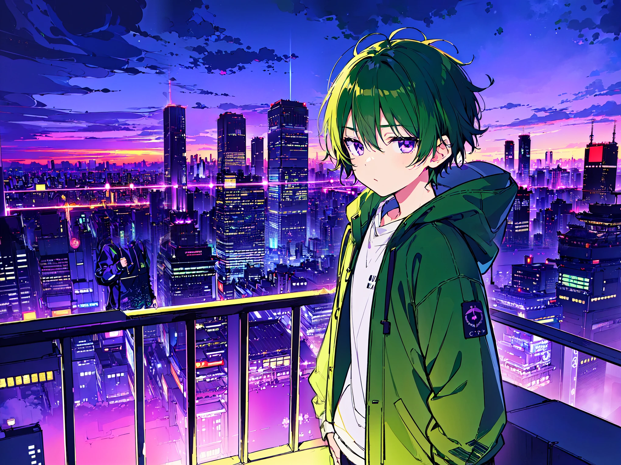 [(NIGHT TOKYO BACKGROUND:1.5),::5], ((((masterpiece)))), high quality, ultra_very_high_resolution, large_filesize, full color, (((solo))), (()), (((green short hair))), purple eyes, anime, (upper body), neon light, black parka, (citypop effect:1.3)