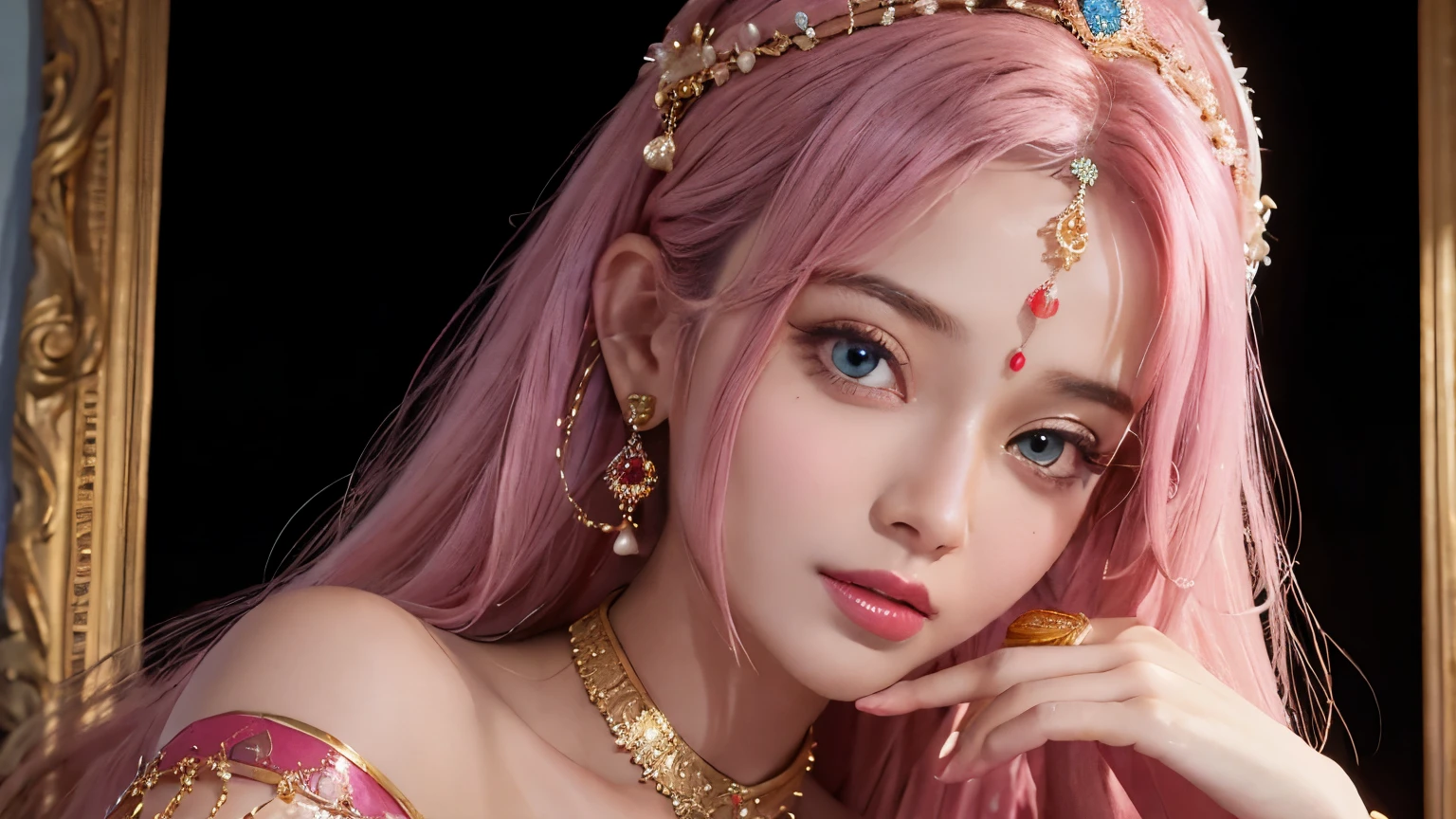a painting of a woman in a pink sari with gold jewelry, indian goddess of wealth, indian goddess, a stunning portrait of a goddess, portrait of a beautiful goddess, 3 d goddess radha portrait, portrait painting of radha rani, beautiful character painting, blue eye, pink hair, inspired by Shri Radha rani, goddess radha, Shri Radha, traditional female hairstyles, goddess portrait, beautiful avatar pictures, goddess close-up portrait